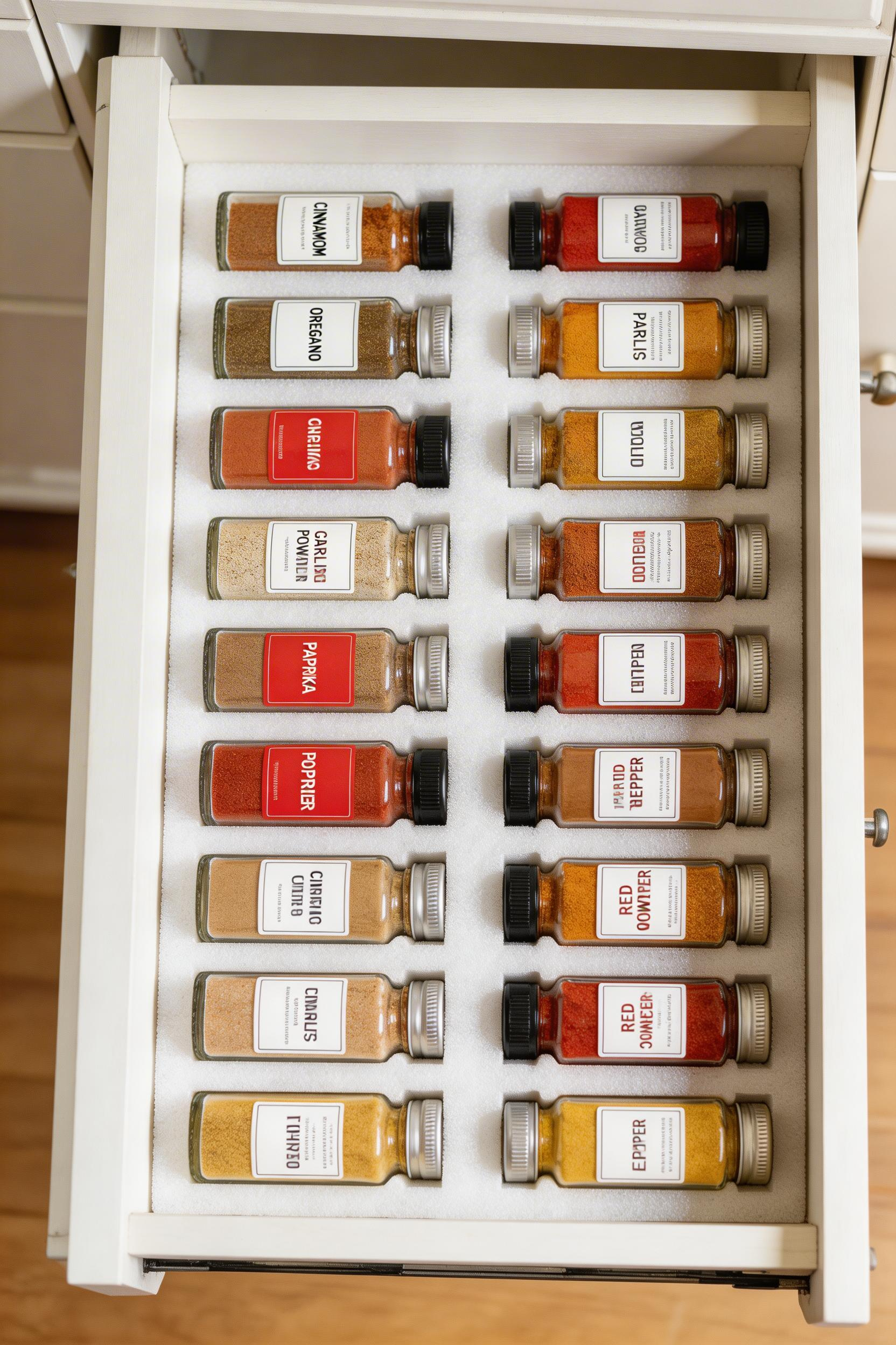 Custom foam spice drawer inserts hold spice bottles in perfect horizontal rows, keeping all your seasonings organized and labels facing up for quick identification.