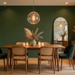 A fully edited contemporary dining room combining statement lighting, mixed-material seating, a deep accent wall, and curated decorative objects — the result of applying the 15 modernization strategies in this guide.