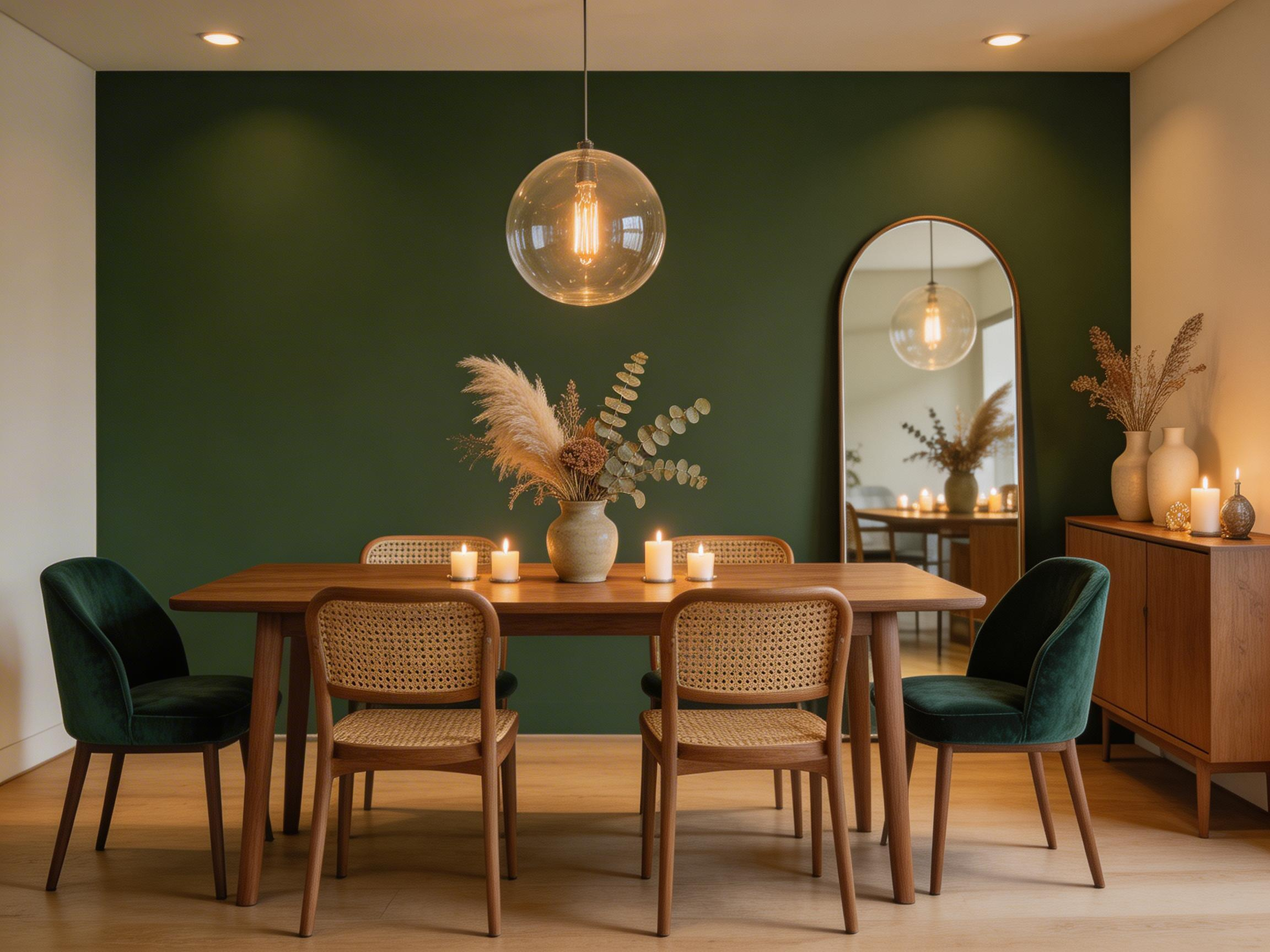 A fully edited contemporary dining room combining statement lighting, mixed-material seating, a deep accent wall, and curated decorative objects — the result of applying the 15 modernization strategies in this guide.