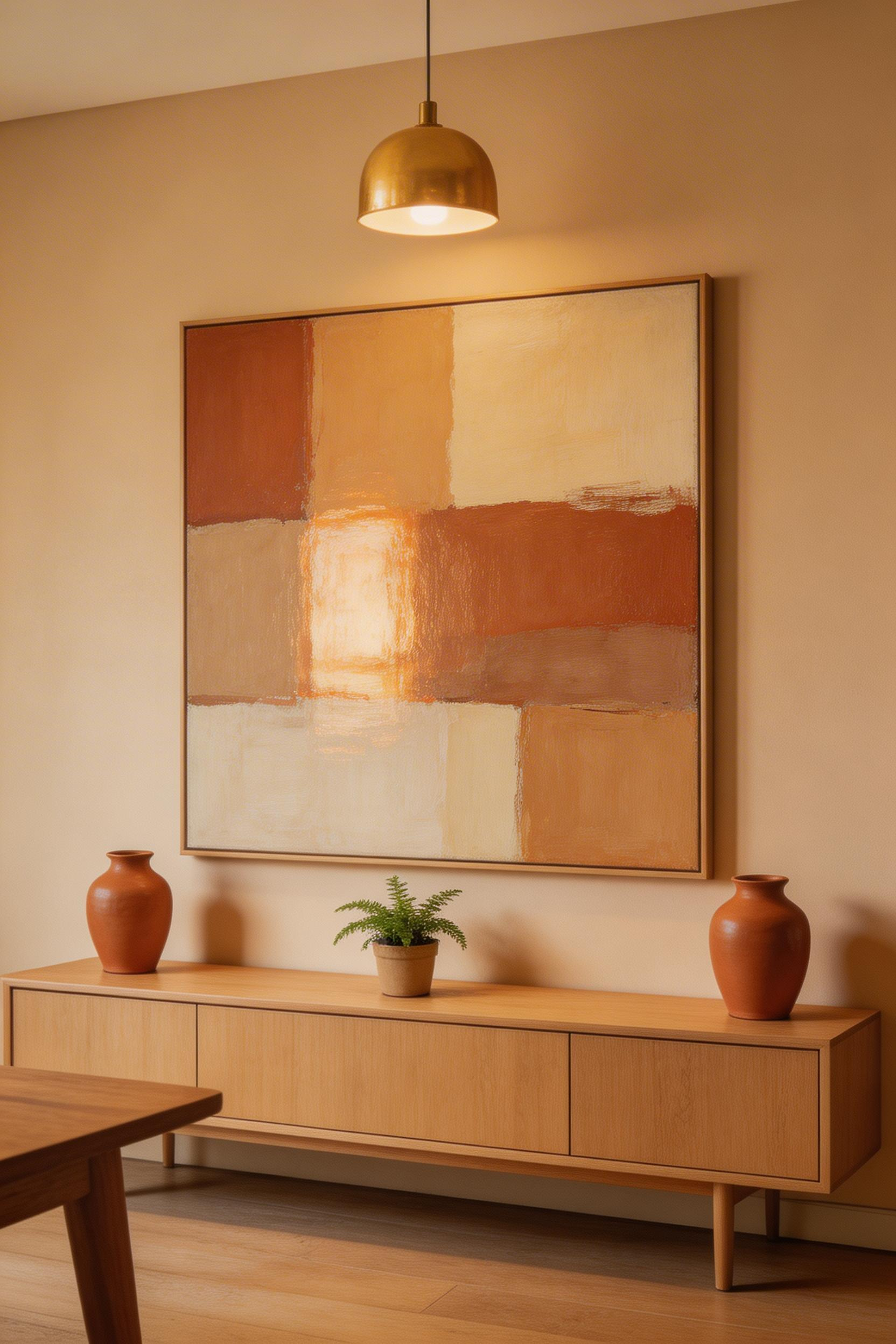A single large-format artwork over a sideboard gives a dining room its most deliberate, design-led quality — oversized art is one of the fastest ways to modernize dining room walls without structural changes.