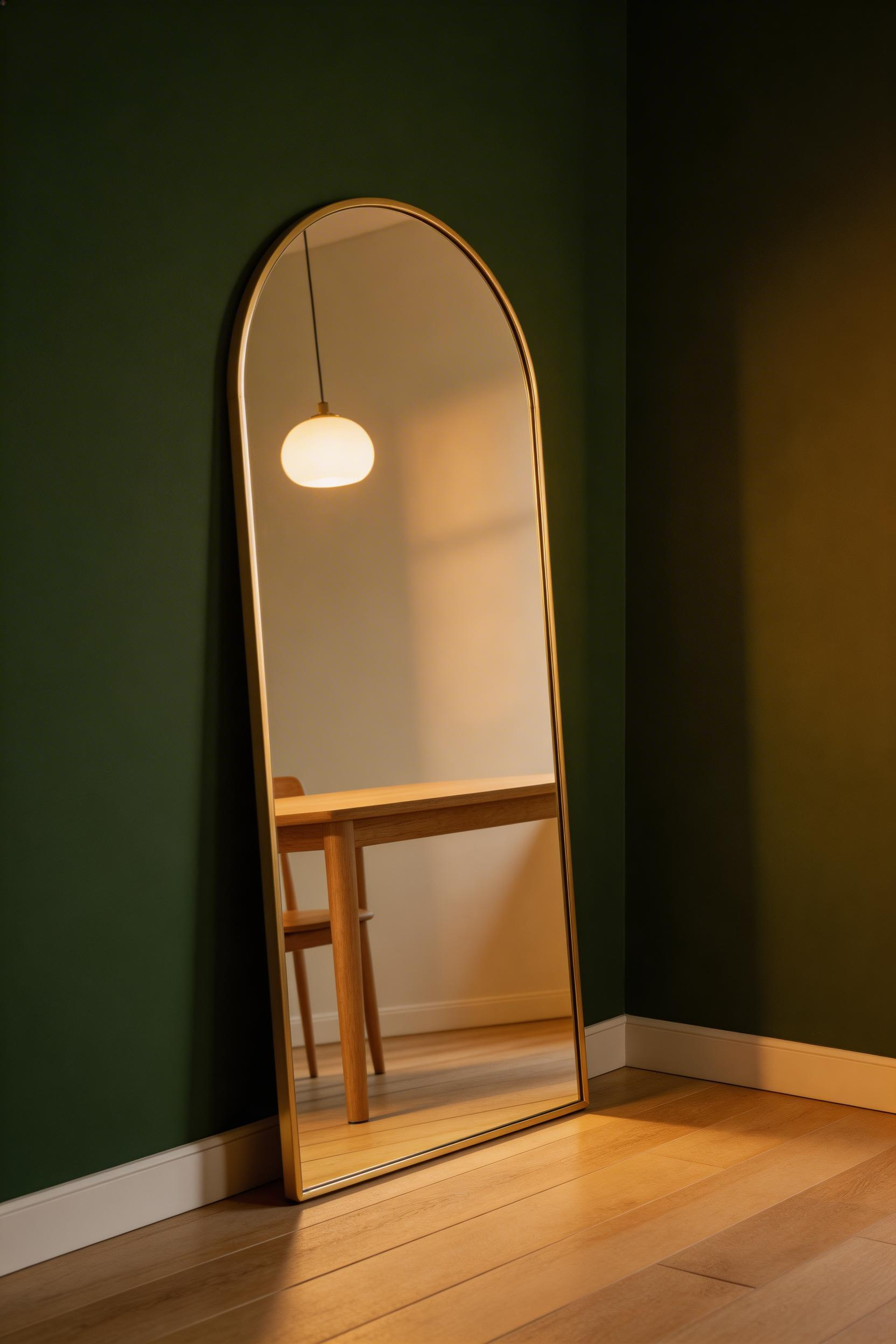 A large arch-top leaning mirror adds depth and bounces light in a way no artwork can — placing it opposite a window is the most effective position to modernize dining room brightness and perceived scale.