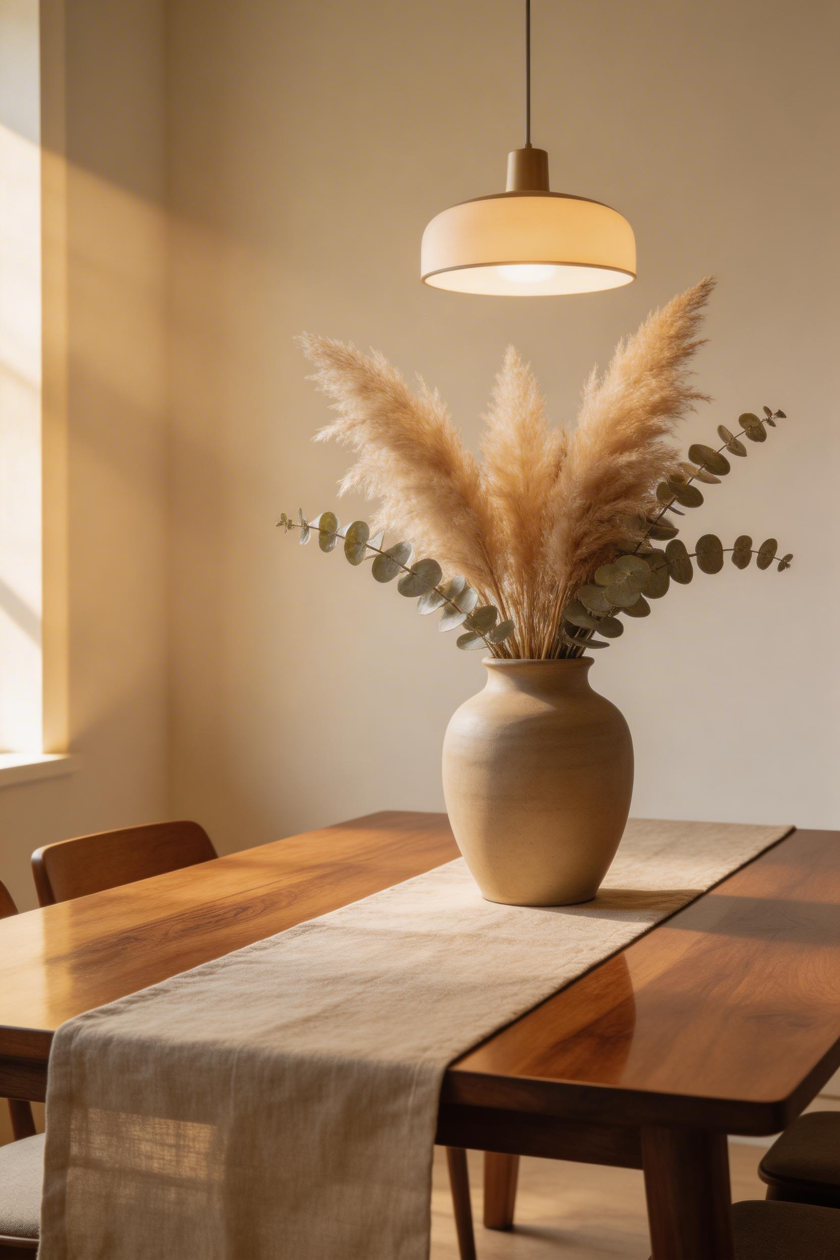 A sculptural ceramic vase with dried botanicals replaces the tired formal floral arrangement and adds organic contemporary warmth to any attempt to modernize dining room styling — and requires zero maintenance.