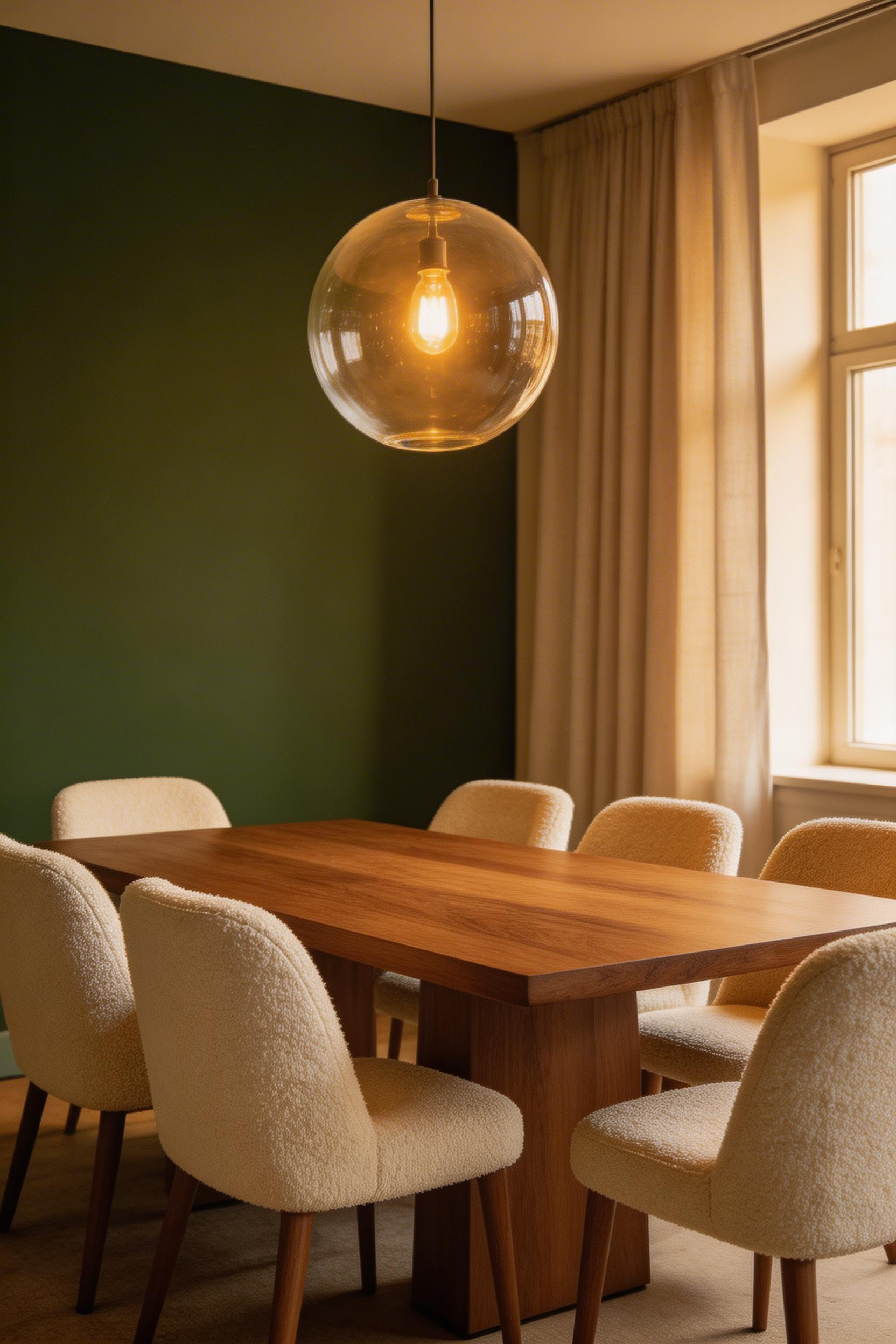 A statement glass globe pendant serves as the room's centrepiece — the single most impactful upgrade when you want to modernize dining room atmosphere without touching the walls.