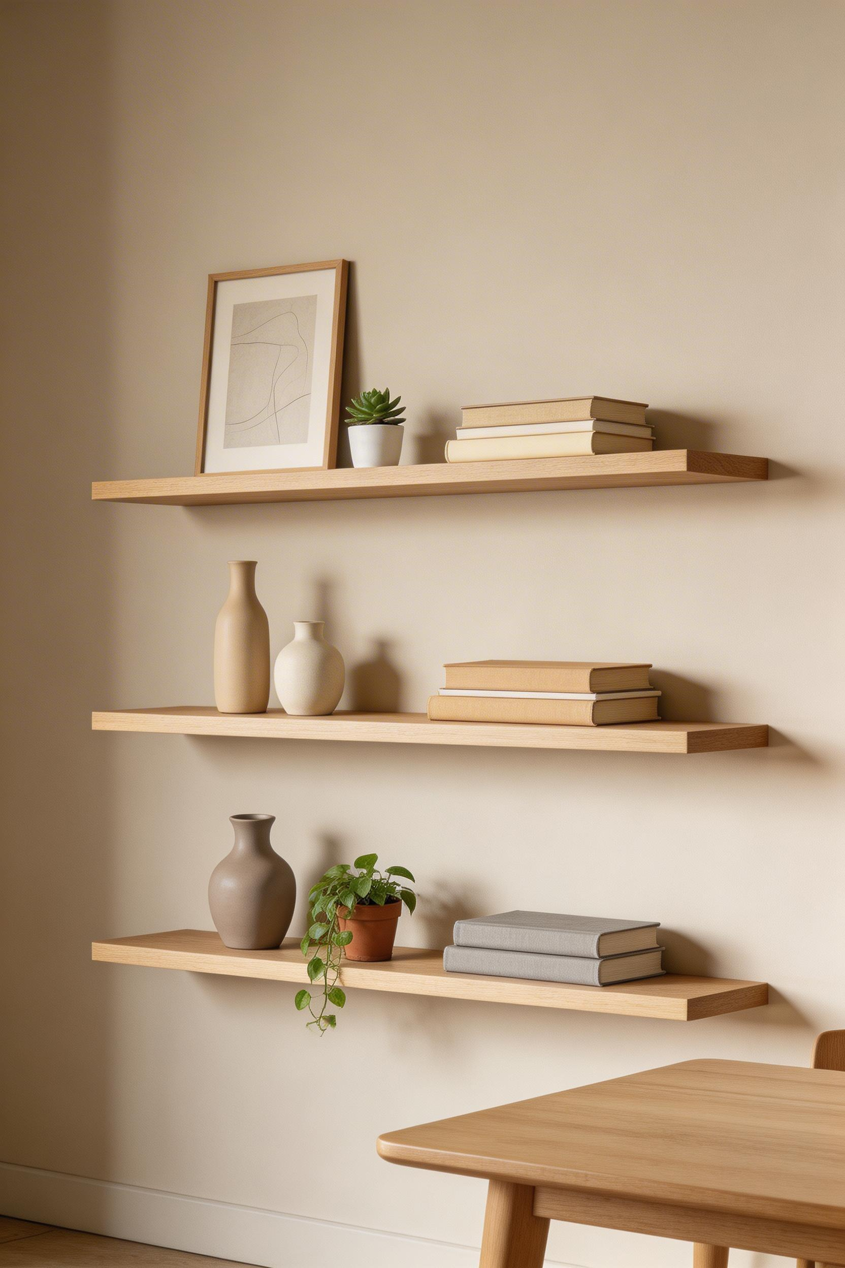 Floating shelves styled with the one-third-empty rule replace heavy china hutches and immediately modernize dining room walls — the key is restraint in what goes on them.