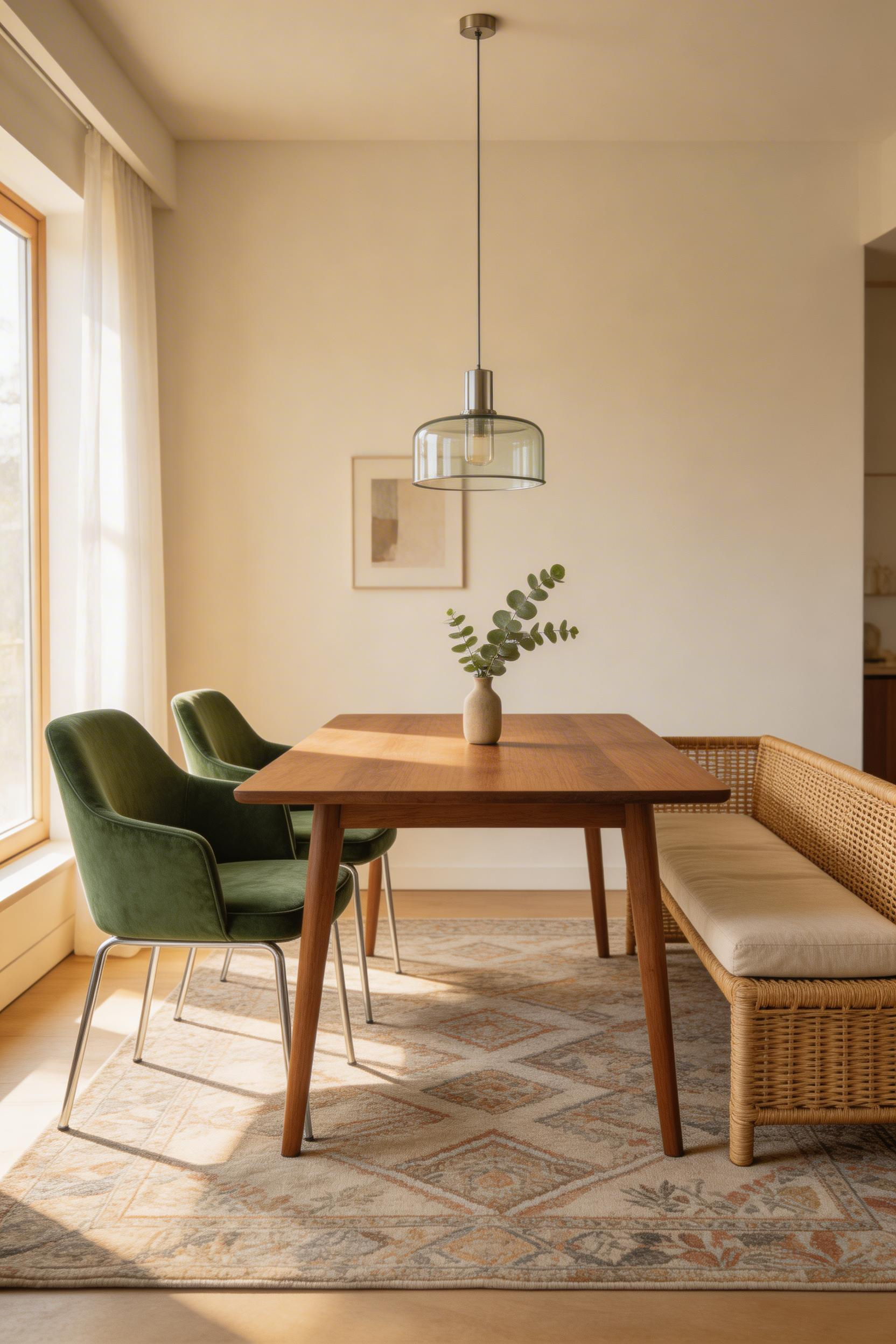 Mixed-material dining seating — velvet chairs paired with a rattan bench, or two complementary chair styles — is a clear contemporary signal when you modernize dining room spaces, replacing the dated matching-set look.