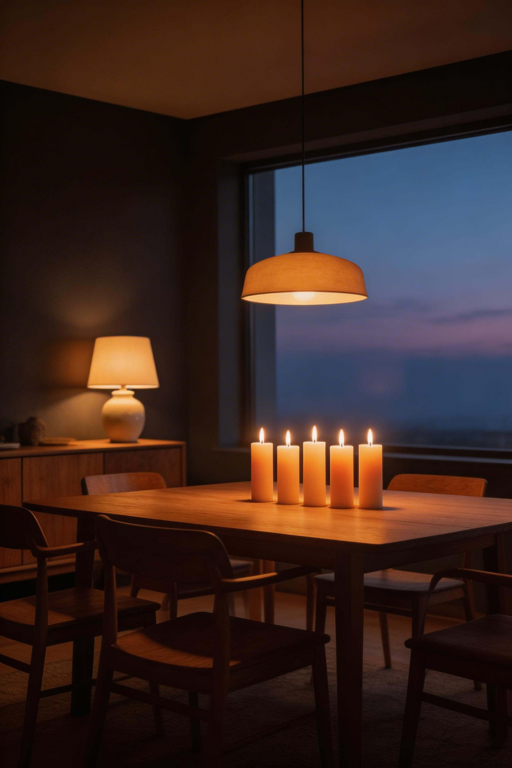 Layered lighting — pendant, sideboard lamp, and candles — is the atmospheric signature of a thoughtfully designed contemporary dining room, and it costs far less to achieve than most people assume.