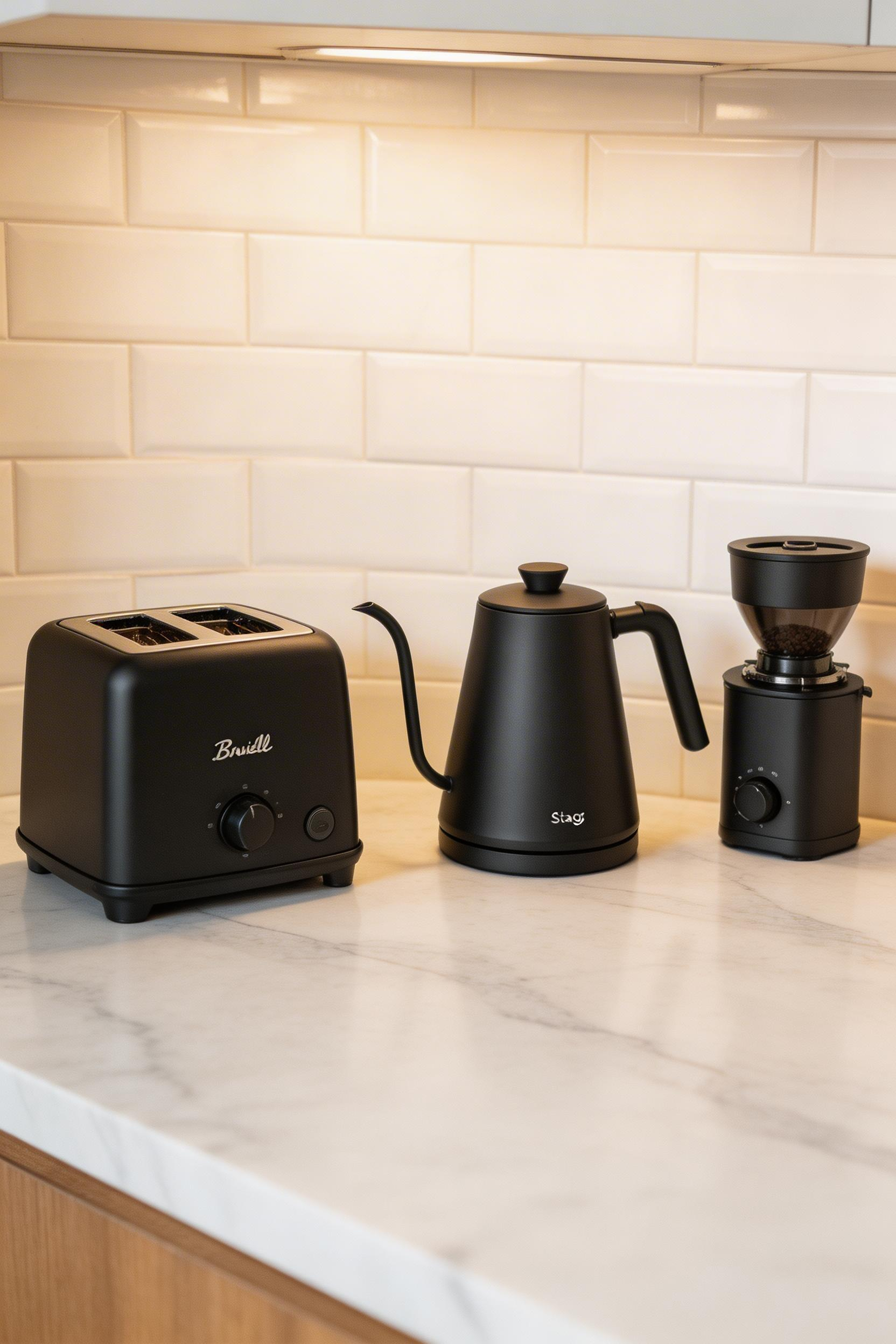Coordinating small appliances to a single finish family is one of the kitchen decoration ideas that designers always notice and homeowners often overlook — because the mismatched version has become so normalized, it's easy to stop seeing it.