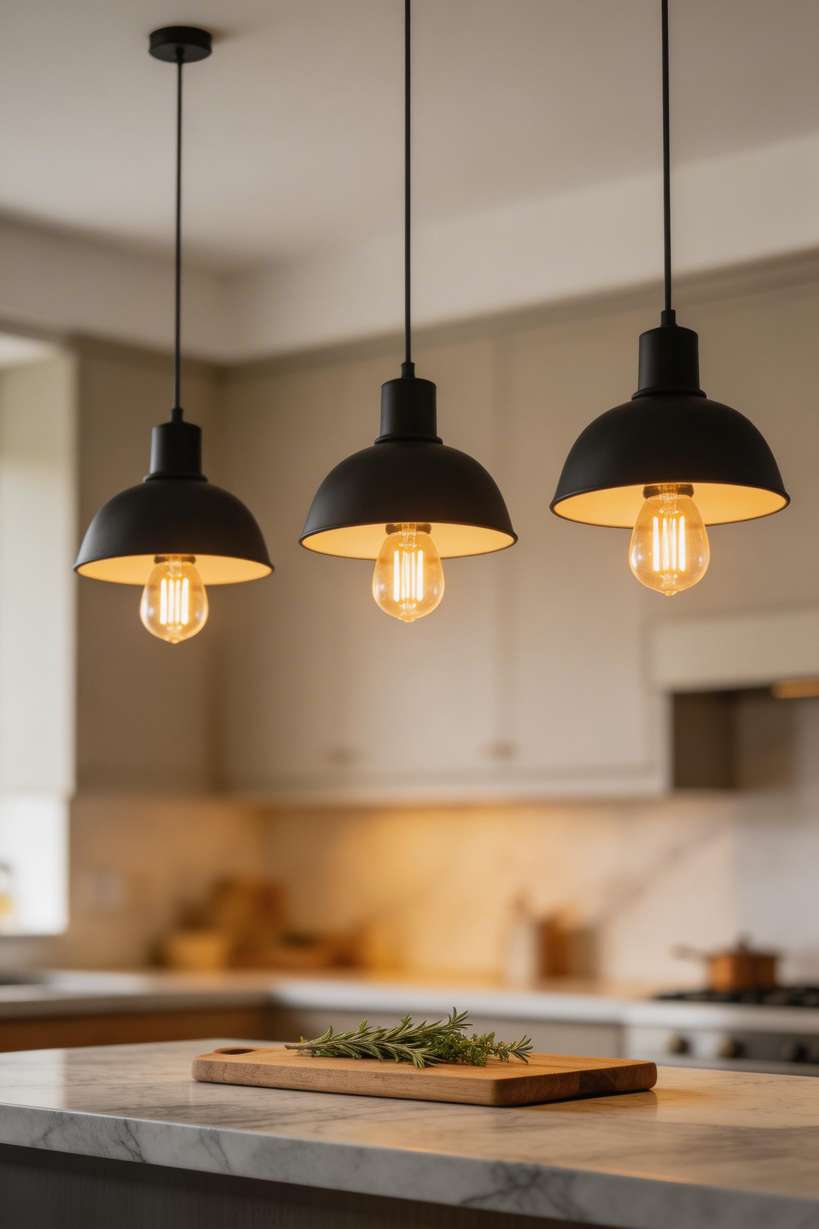 Pendant lights hanging at the correct height create a focused pool of warm light over the island that defines the kitchen's social center. Getting the mounting height right — 30 to 36 inches above the countertop — is one of the kitchen decoration ideas that most people get wrong.