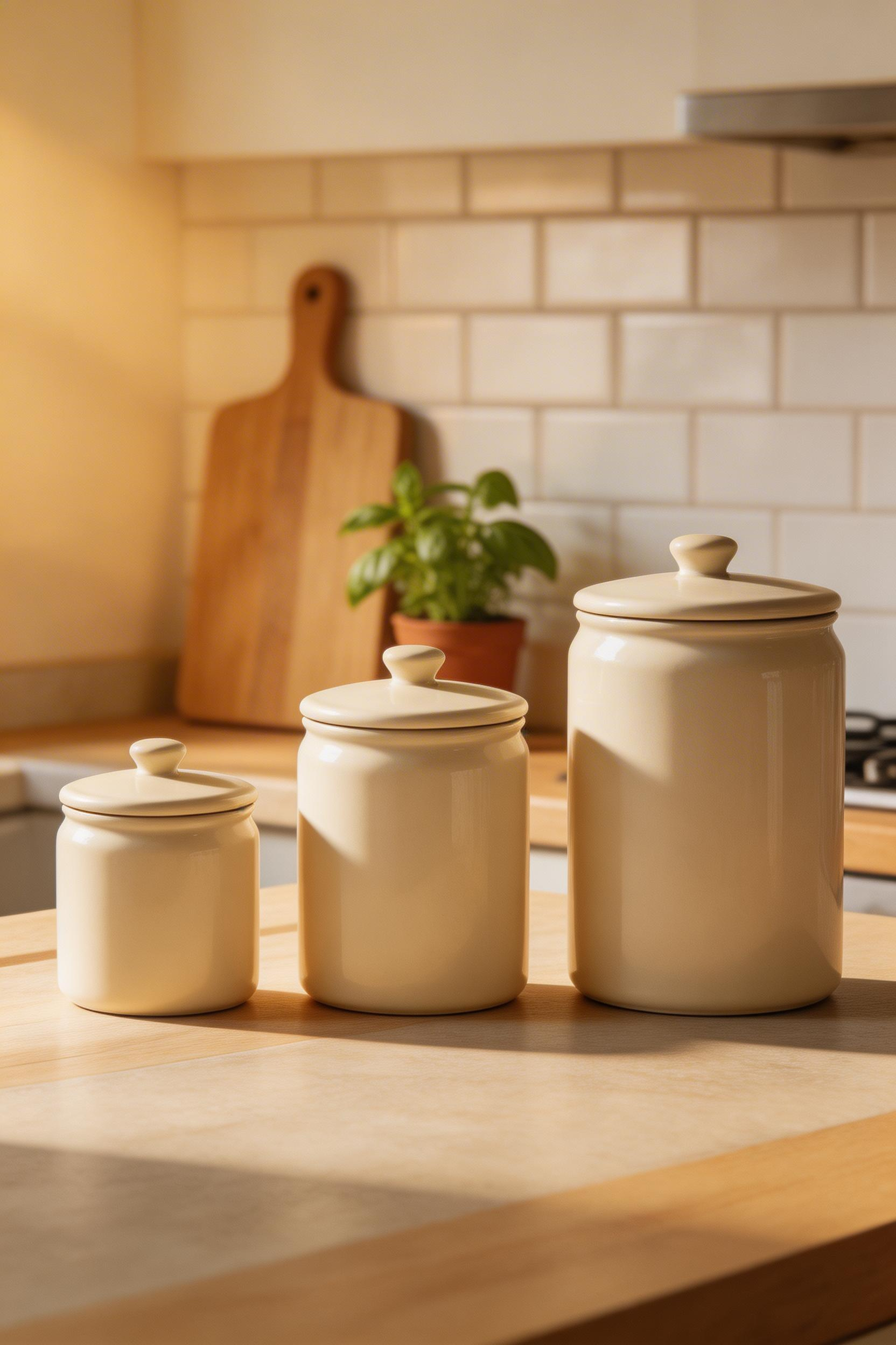 A well-chosen canister set reads as a single designed object when it follows a material system — all ceramic, or all glass, with variation only in size. These kitchen decoration ideas work because they are organized around coherence, not variety.
