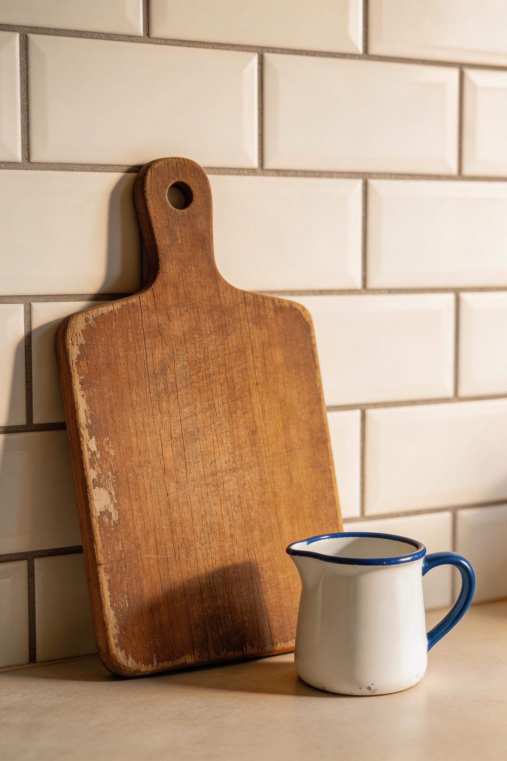 A single antique object — a wooden breadboard, an enamelware pitcher, a cast-iron skillet on the wall — brings the one thing that modern kitchens are almost entirely missing: evidence of a life actually lived in the space.