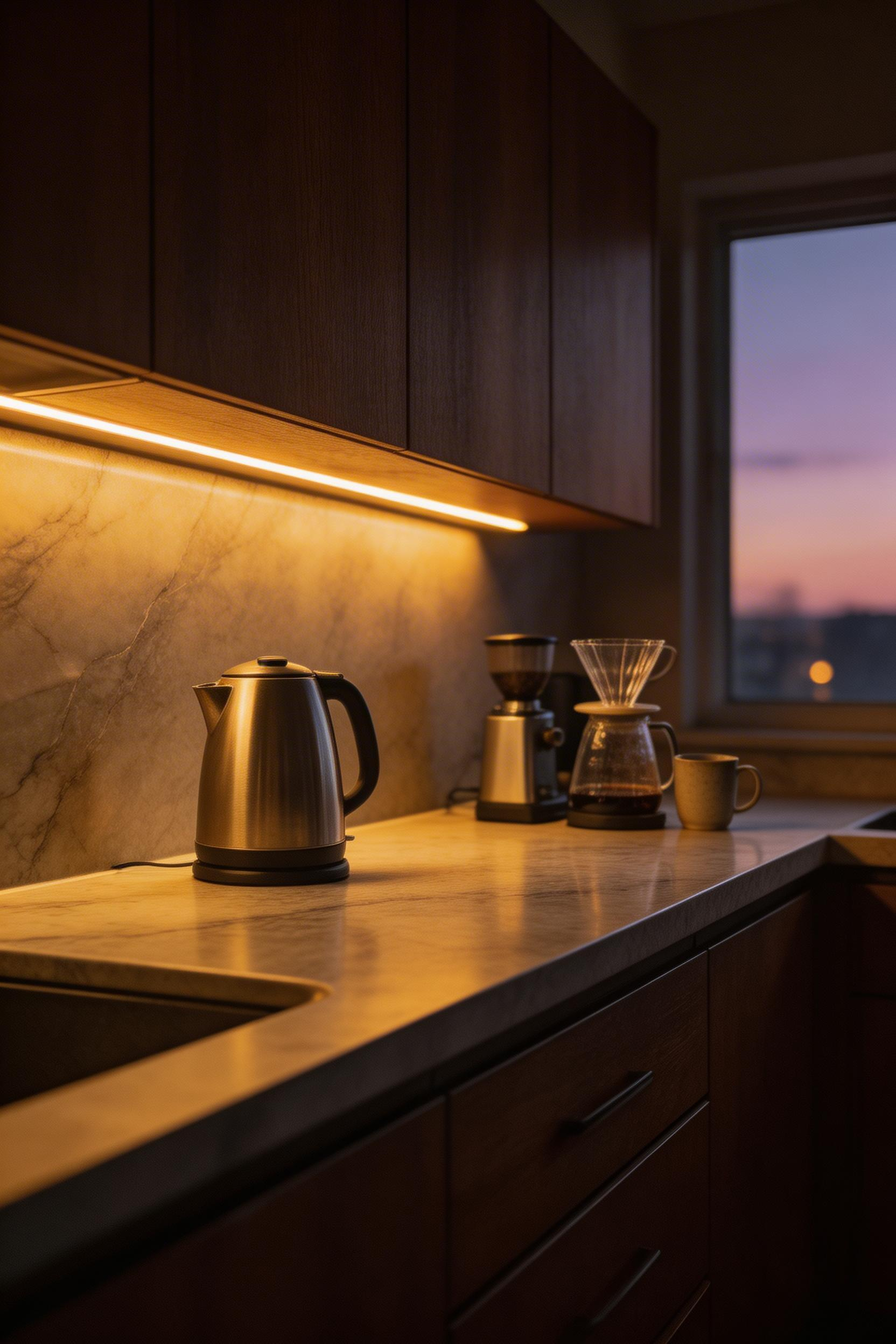 Under-cabinet lighting costs almost nothing to add but transforms the kitchen at every hour of the day — particularly in the evening when the countertop glows with warm, focused light. It belongs on every kitchen decoration ideas list.