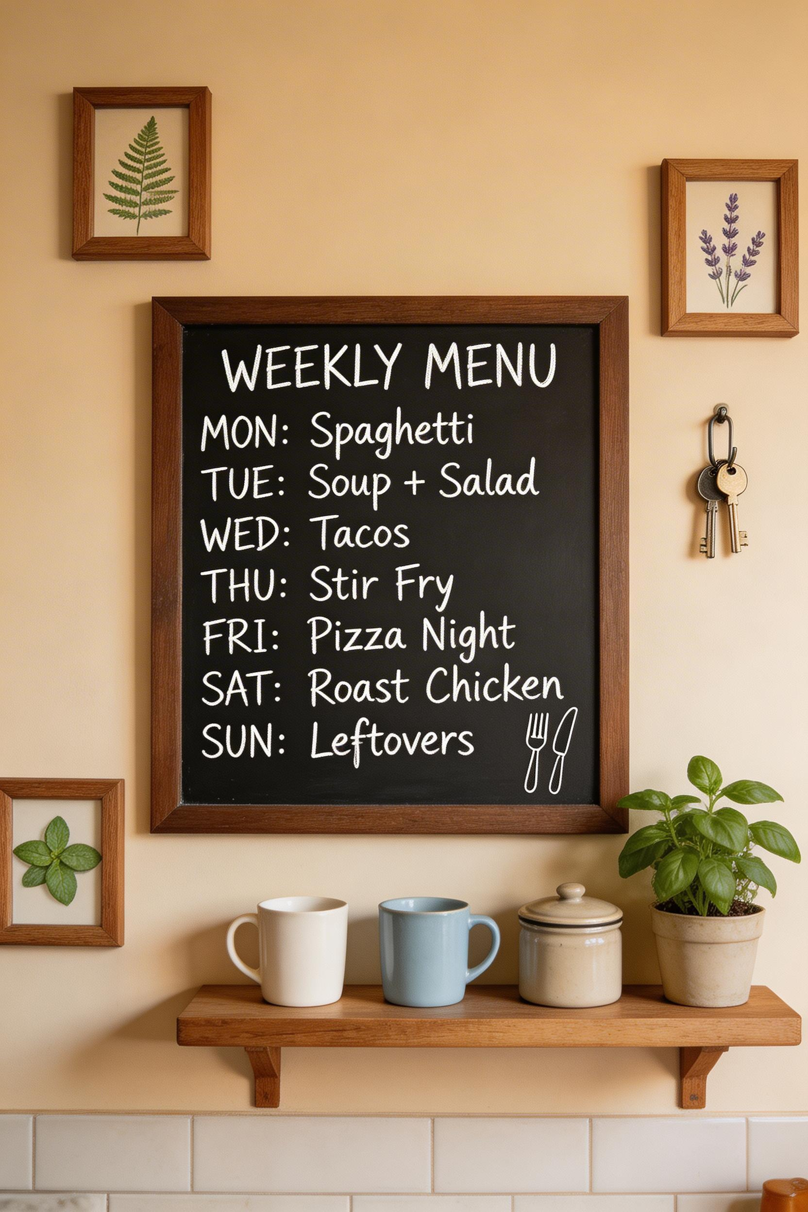 A kitchen command center — a framed chalkboard, a corkboard, or a composed gallery wall — turns the most-used vertical surface in the house into something that works as kitchen decoration ideas while remaining genuinely functional.