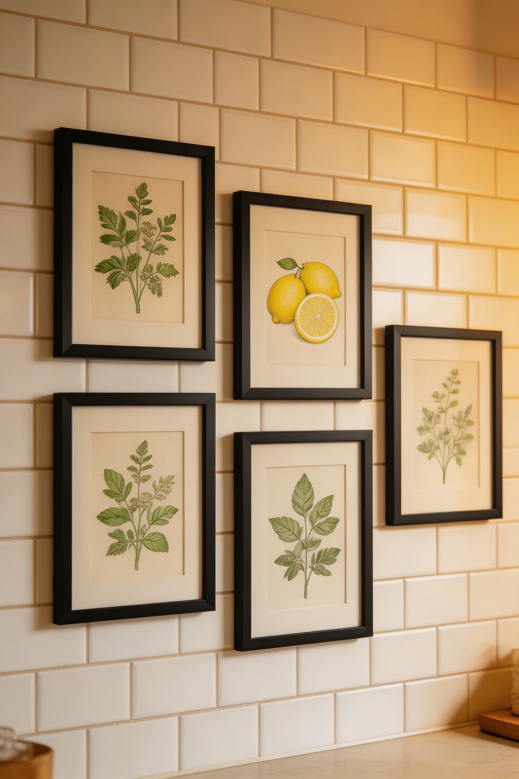 A gallery of botanical and food-themed prints in consistent frames brings a considered, personal quality to kitchen wall decoration — and they're contextually appropriate in a way that generic abstract art often isn't.