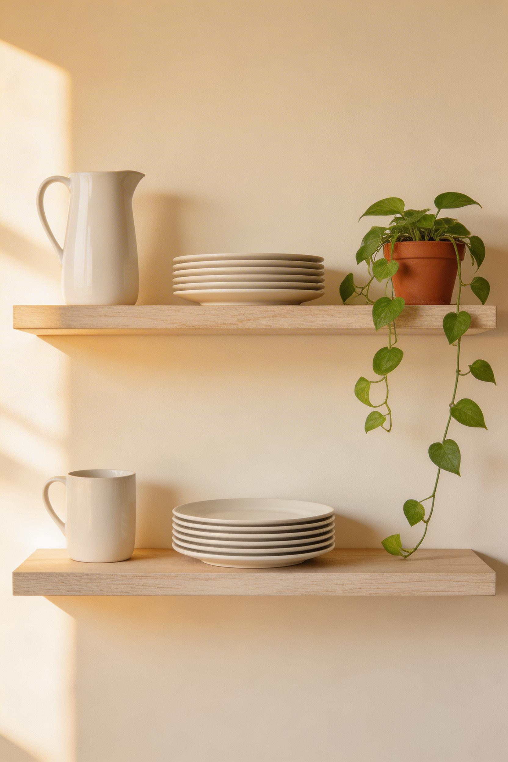 Open shelving works best when it follows the same compositional principles as photography — varied heights, odd-number groupings, and deliberate negative space between objects. These kitchen decoration ideas work because they give the eye somewhere to rest.