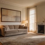 A complete luxury living room combining a statement sofa, marble fireplace, layered lighting, and floor-to-ceiling drapery — each element chosen for quality and lasting character rather than trend.