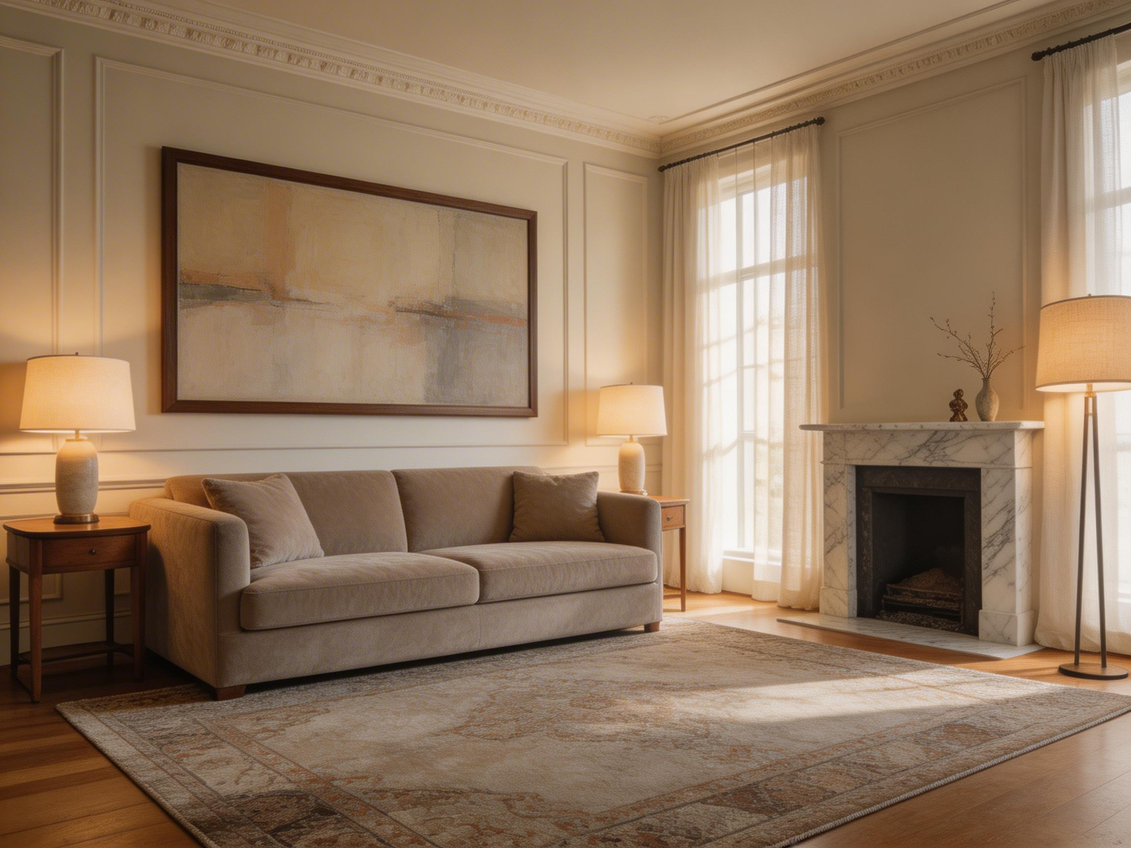 A complete luxury living room combining a statement sofa, marble fireplace, layered lighting, and floor-to-ceiling drapery — each element chosen for quality and lasting character rather than trend.