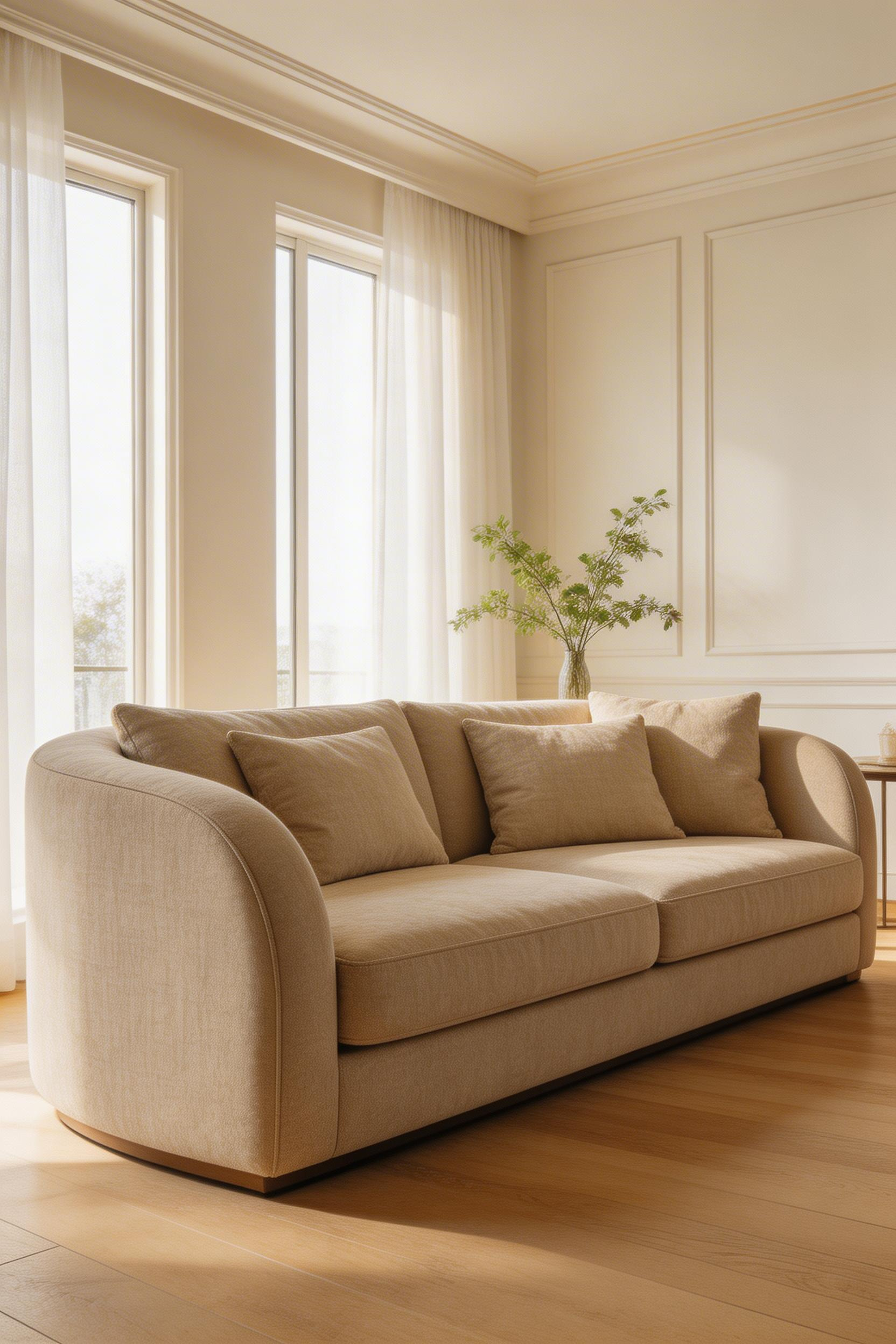 A well-proportioned statement sofa in natural linen anchors this luxury living room, its scale and quality setting the tone for every other piece in the space.