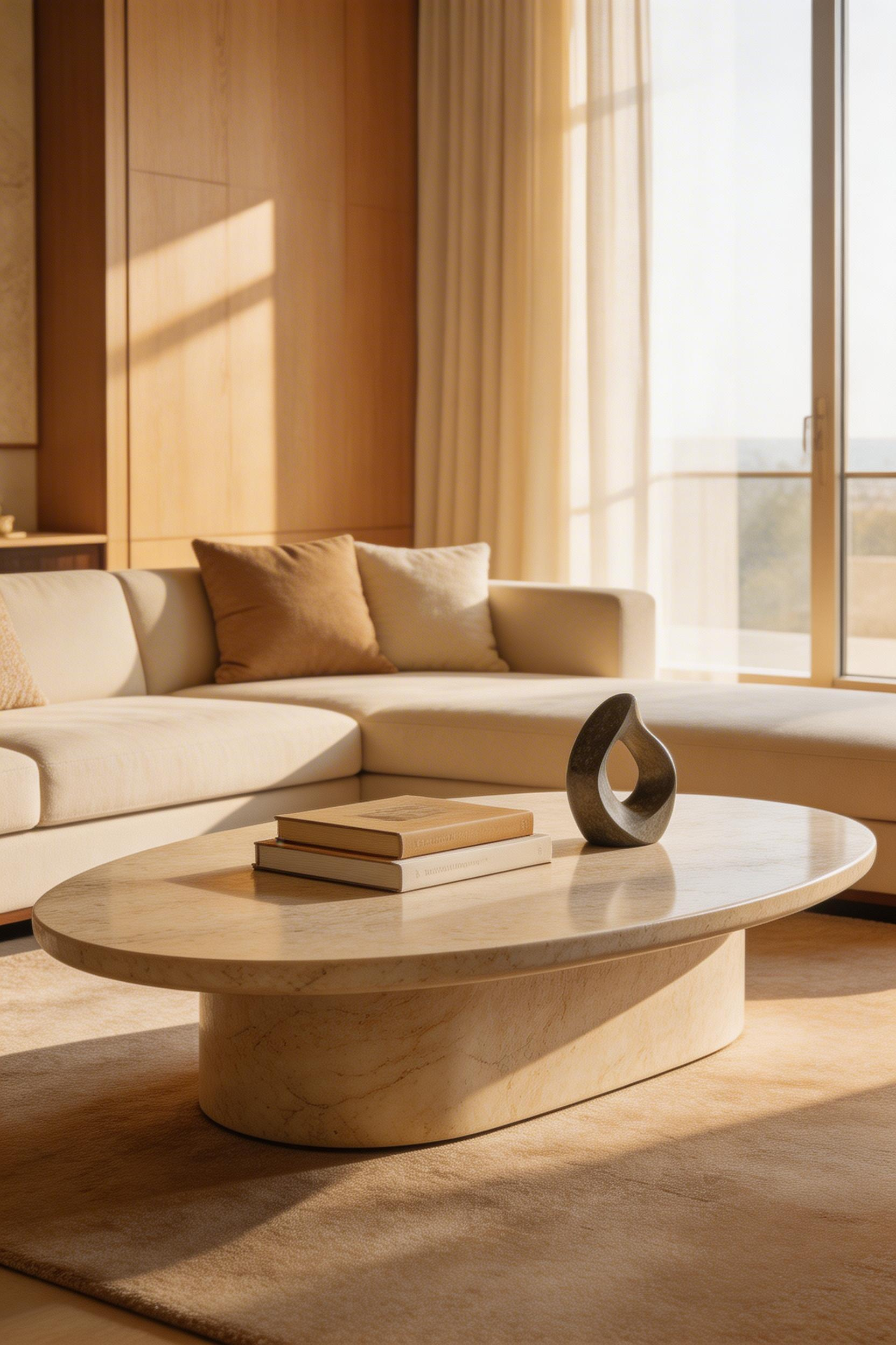 A generously scaled travertine coffee table reads as functional sculpture, its organic material and proportions grounding the luxury living room's seating arrangement.