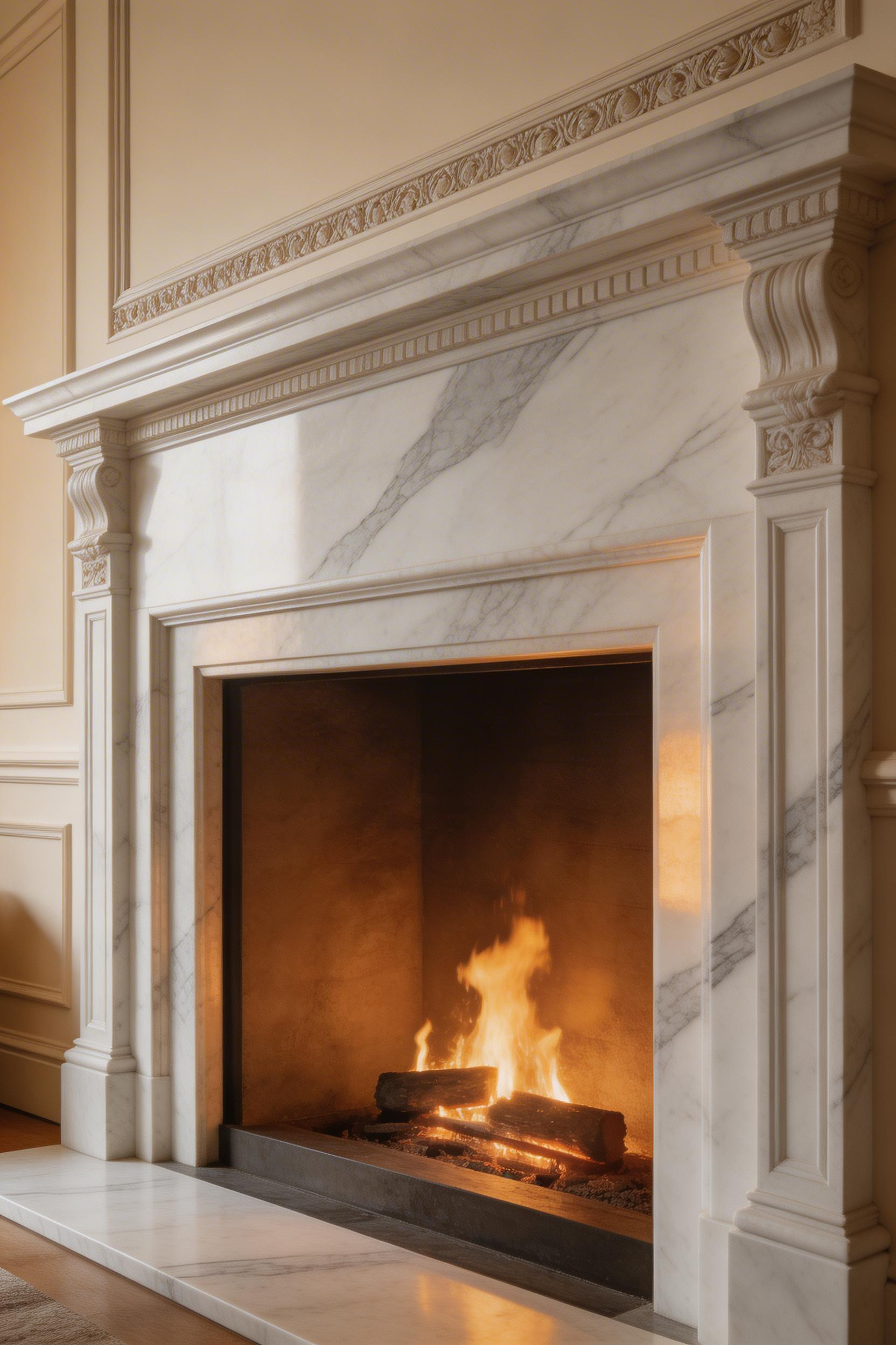 A honed Calacatta marble fireplace surround gives this luxury living room a material permanence that painted or tiled alternatives cannot match.