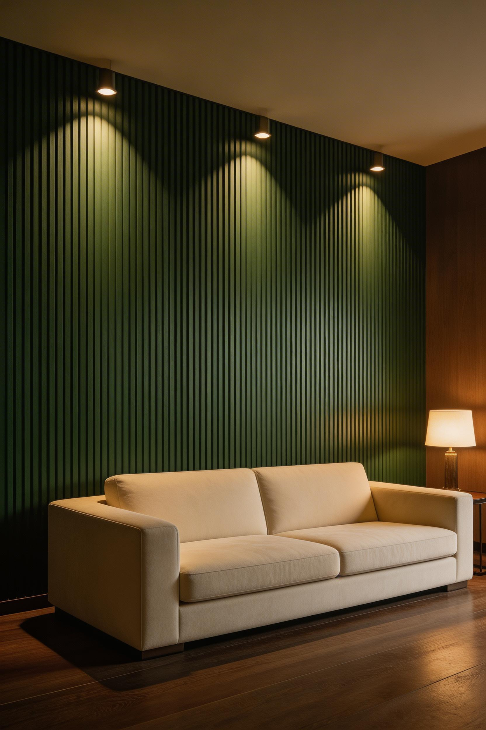 A deep forest green fluted timber accent wall adds architectural texture and drama to this luxury living room, the grooved panels creating shadow and depth that a flat painted wall cannot achieve.