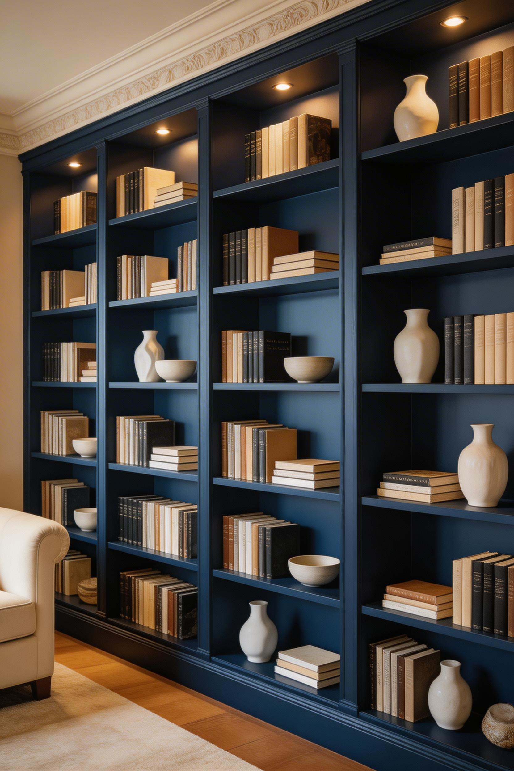 Floor-to-ceiling built-in bookshelves transform this luxury living room's architecture, adding both display space and the sense of permanence that distinguishes a genuinely considered room.