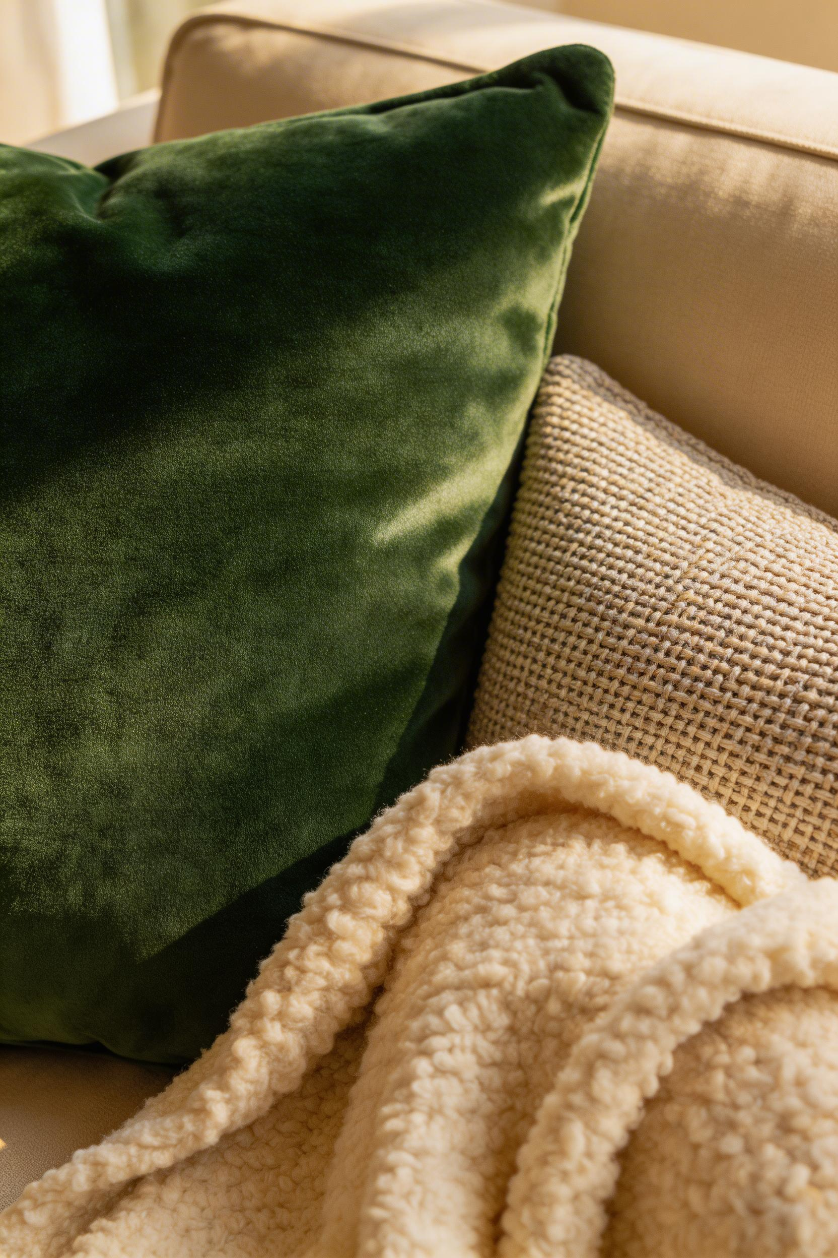 Layered textiles in velvet, bouclé, and woven linen create the tactile richness that makes a luxury living room feel genuinely immersive rather than simply styled.