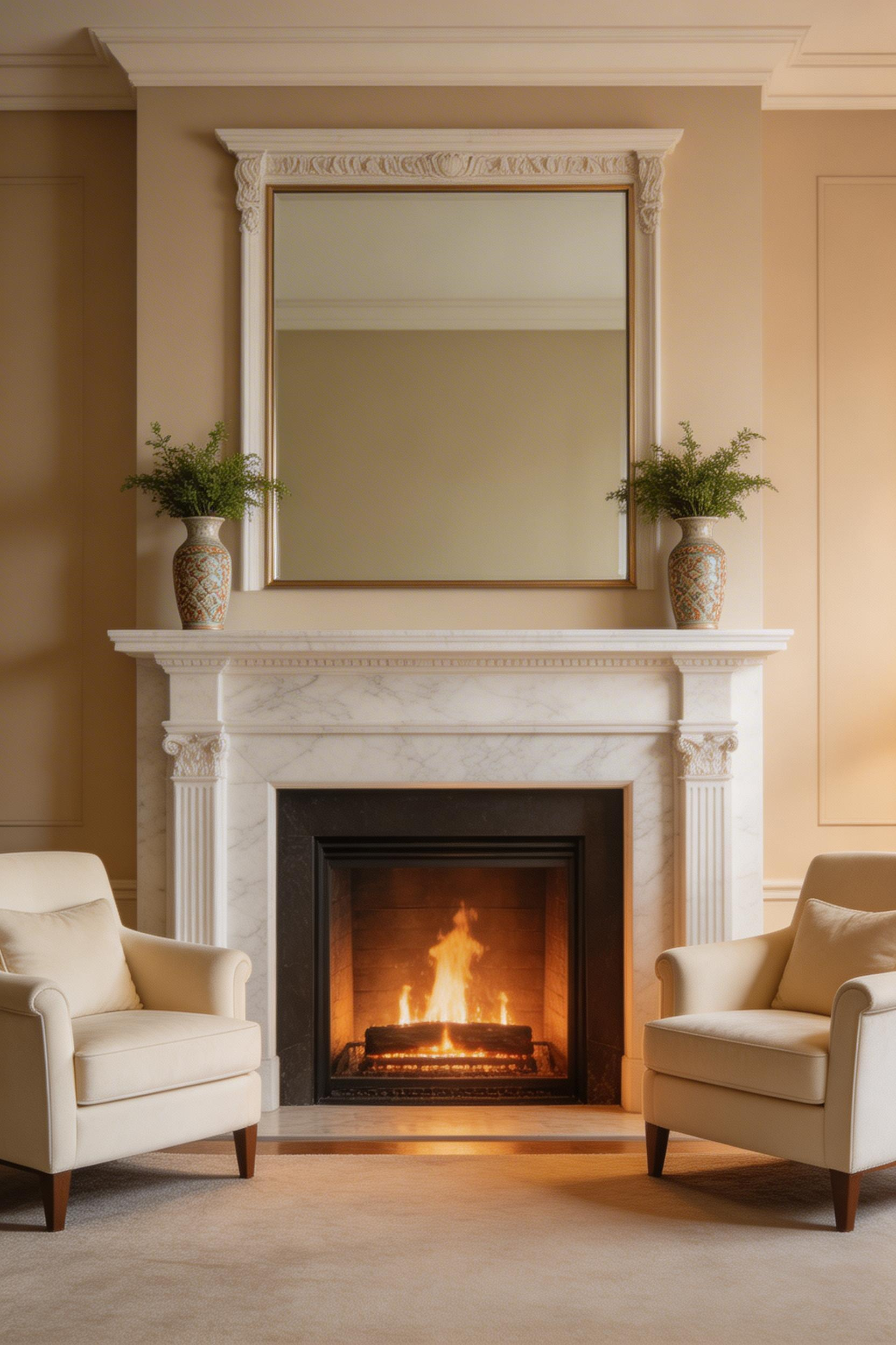 A marble fireplace as the room's dominant focal point organises the furniture arrangement and gives this luxury living room a clear visual hierarchy that draws visitors in immediately.