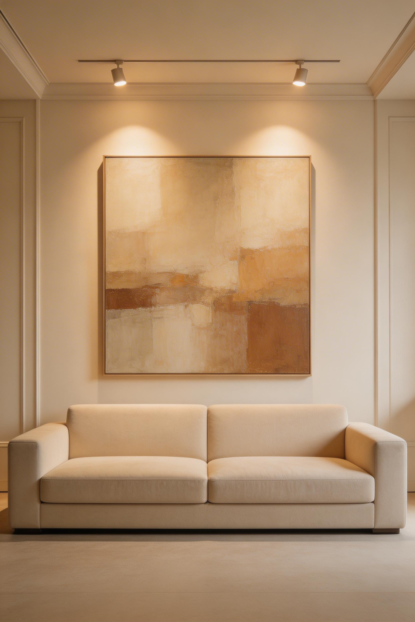 A single large-format artwork above the sofa creates a clear focal point in this luxury living room, its scale and placement giving the wall an authority that a gallery arrangement rarely achieves.