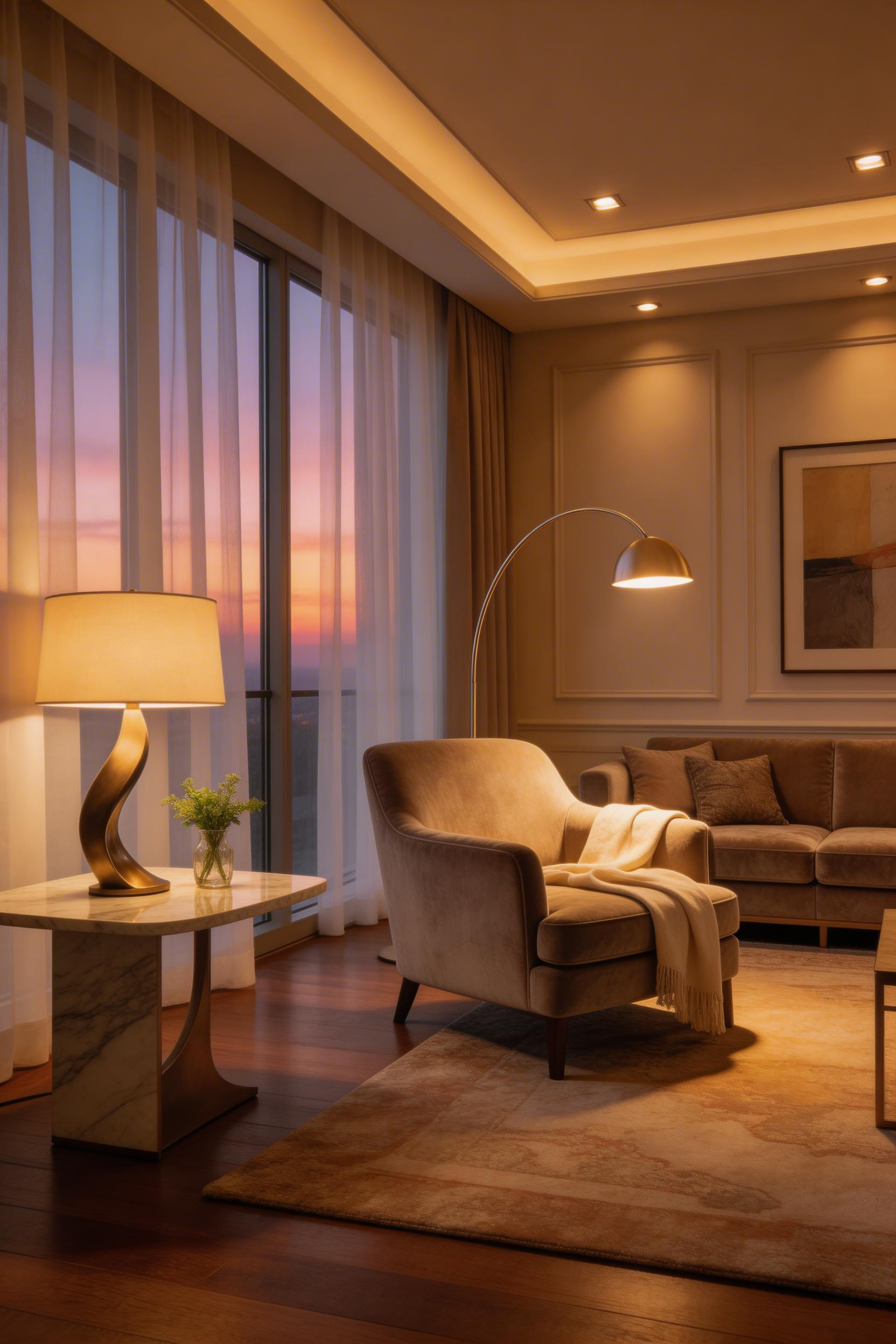 Layered lighting at three levels — ambient, task, and accent — creates the warm, dimensional atmosphere that separates a luxury living room from an ordinary one.