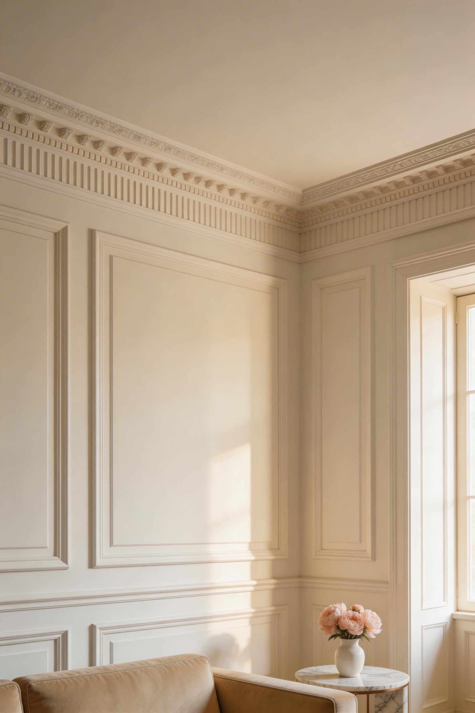 Deep crown moulding and panel moulding give this luxury living room the architectural character that separates a genuinely high-end room from a decorated one.