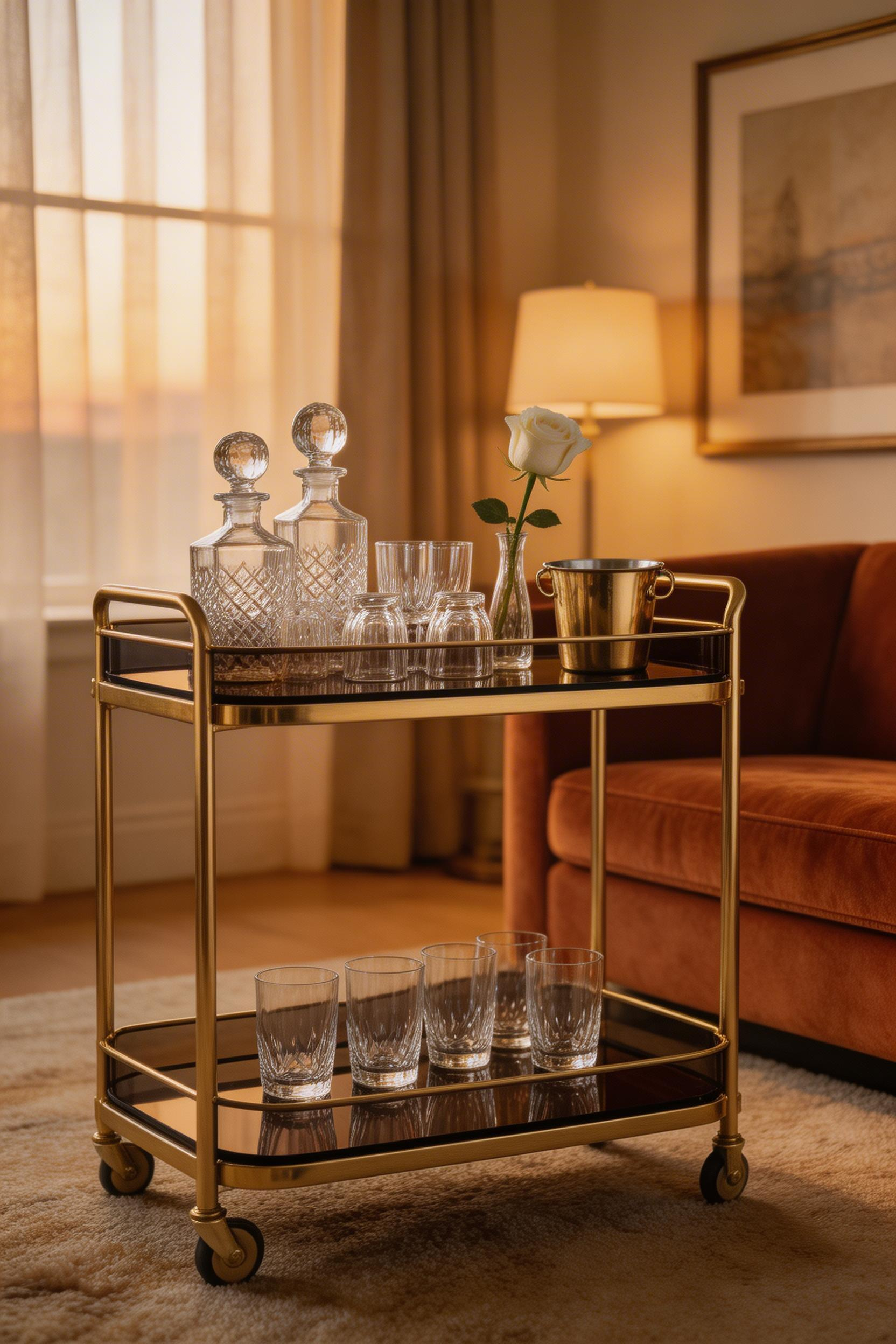 A styled bar cart in brass and smoked glass serves as a secondary focal point in this luxury living room, its curated arrangement of decanters and crystal communicating that the room is made for entertaining.