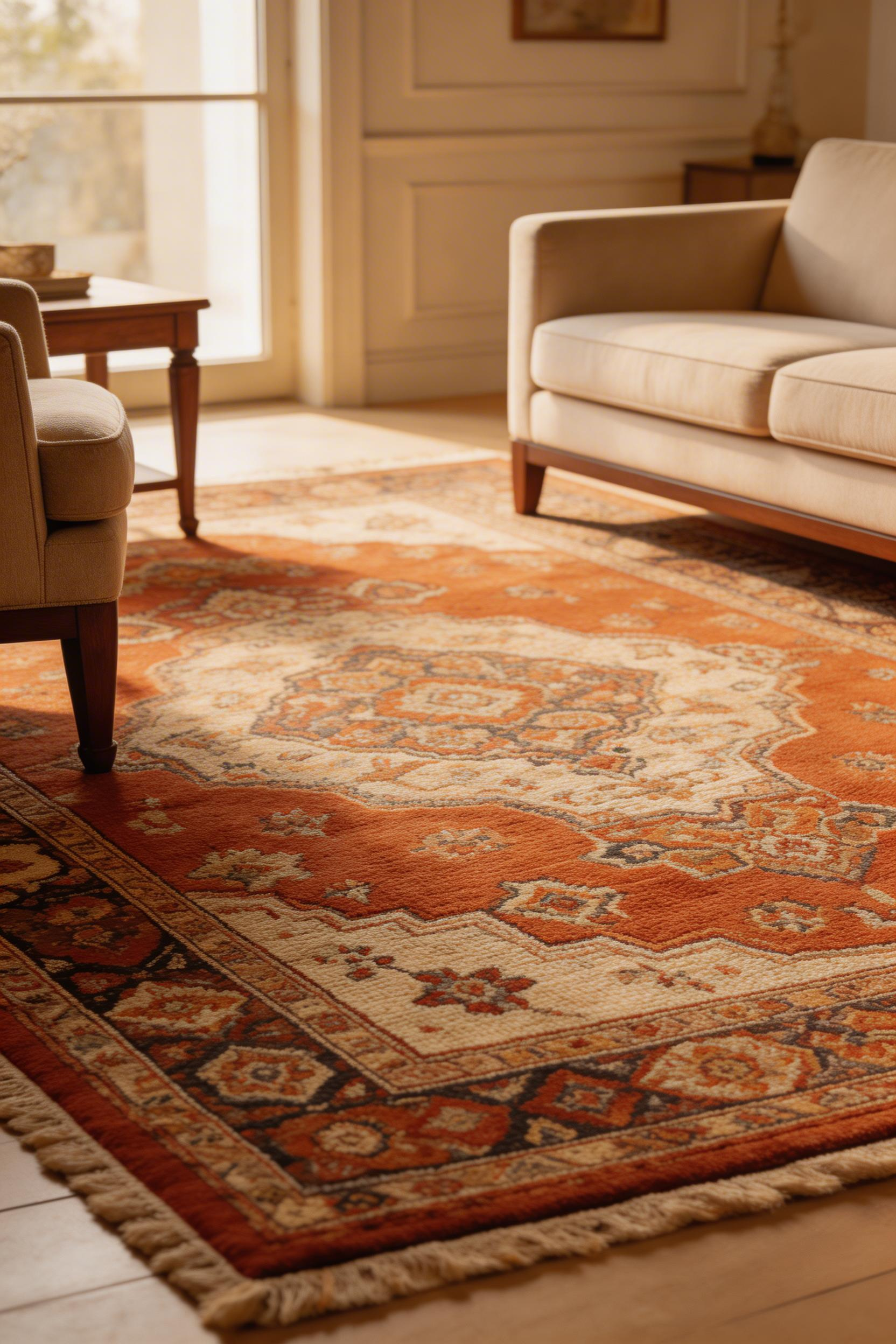 A hand-knotted area rug in warm terracotta and cream tones grounds the luxury living room's furniture arrangement and introduces colour and pattern that inform every other design decision in the space.
