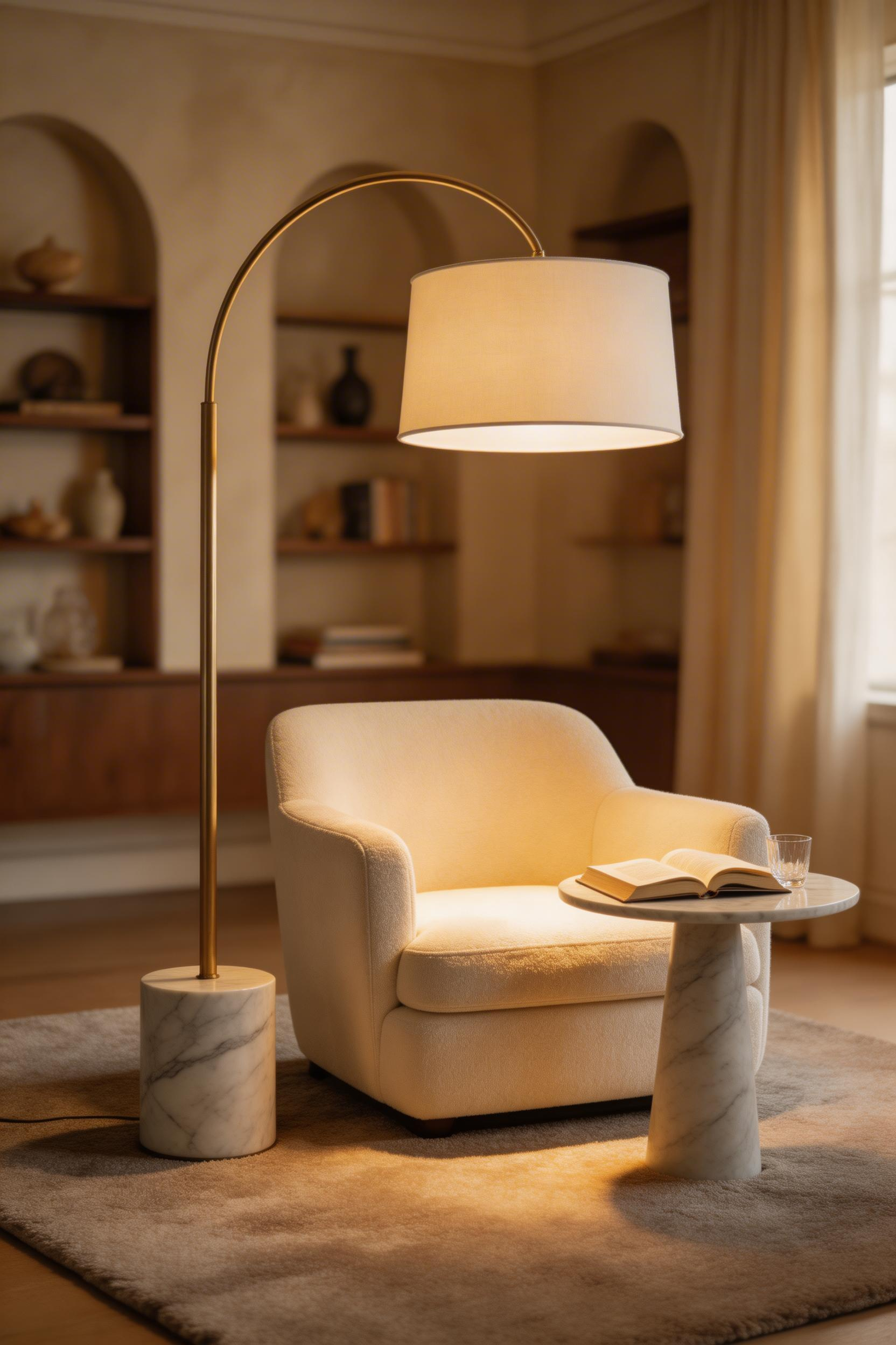 A sculptural arc floor lamp with a marble base serves as both task lighting and a design object, the generous shade casting a warm pool of light over the reading area of this luxury living room.
