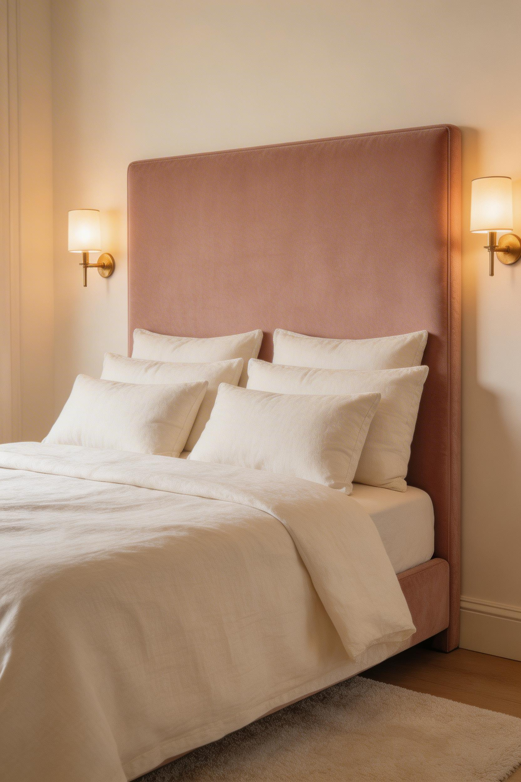 A tall velvet headboard in blush anchors this romantic bedroom decor scheme — generous in scale, rich in texture, and instantly hotel-suite in atmosphere.