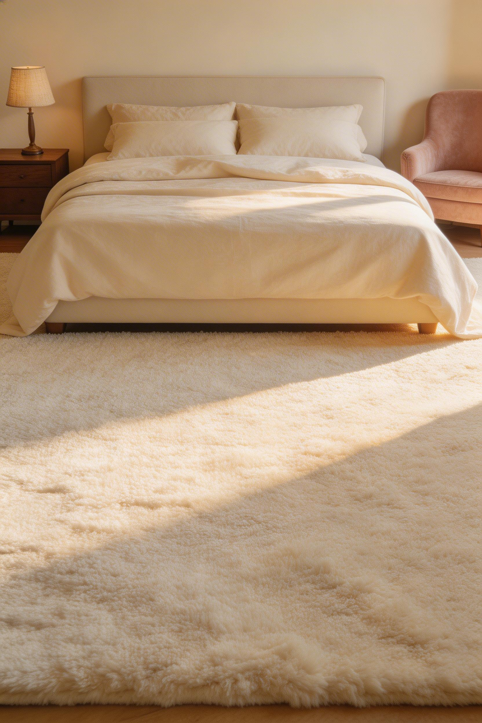 A generously sized area rug anchors the bed and the whole room — in an intimate bedroom, the rug should be large enough that both nightstands sit on its edge.