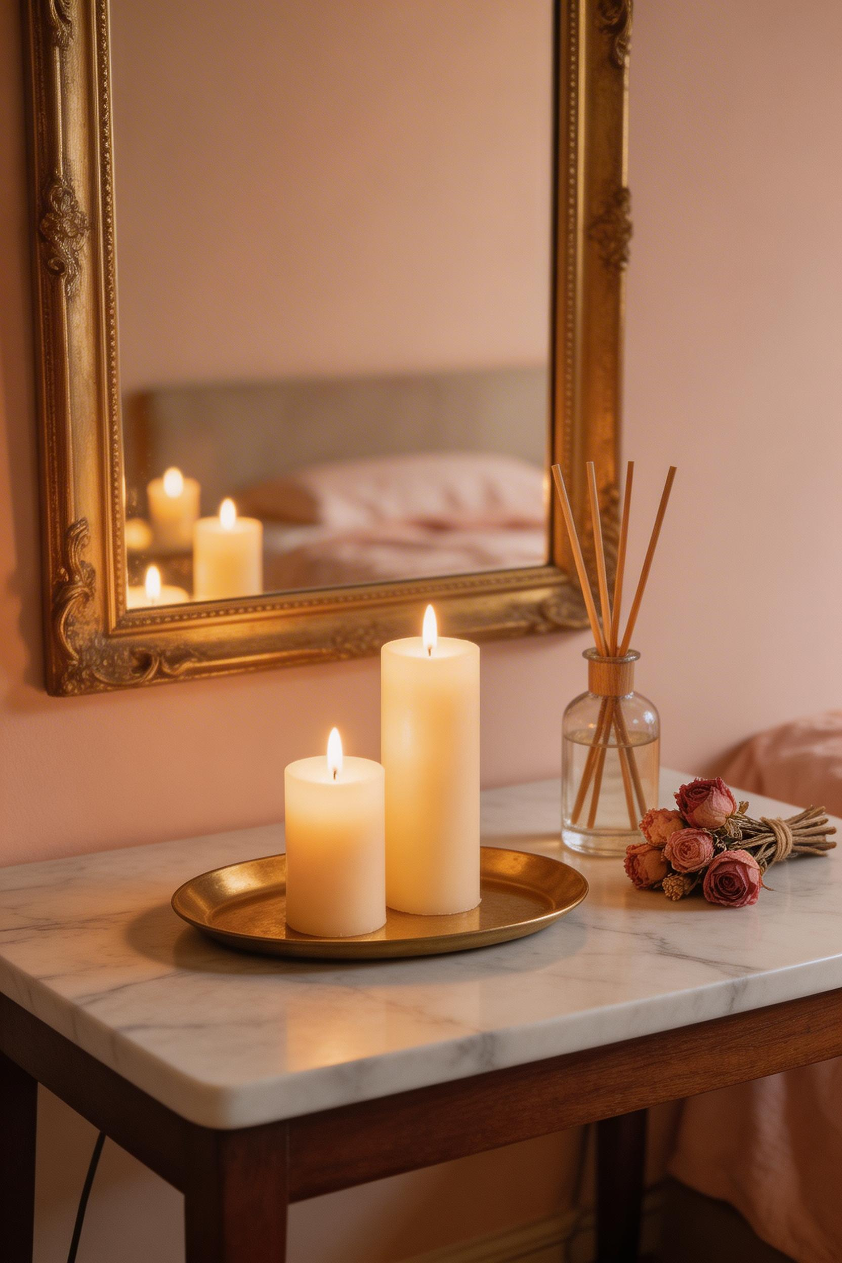 Grouped pillar candles on a tray, with a reed diffuser for background scent — considered candle placement is essential to any genuine romantic bedroom decor scheme.
