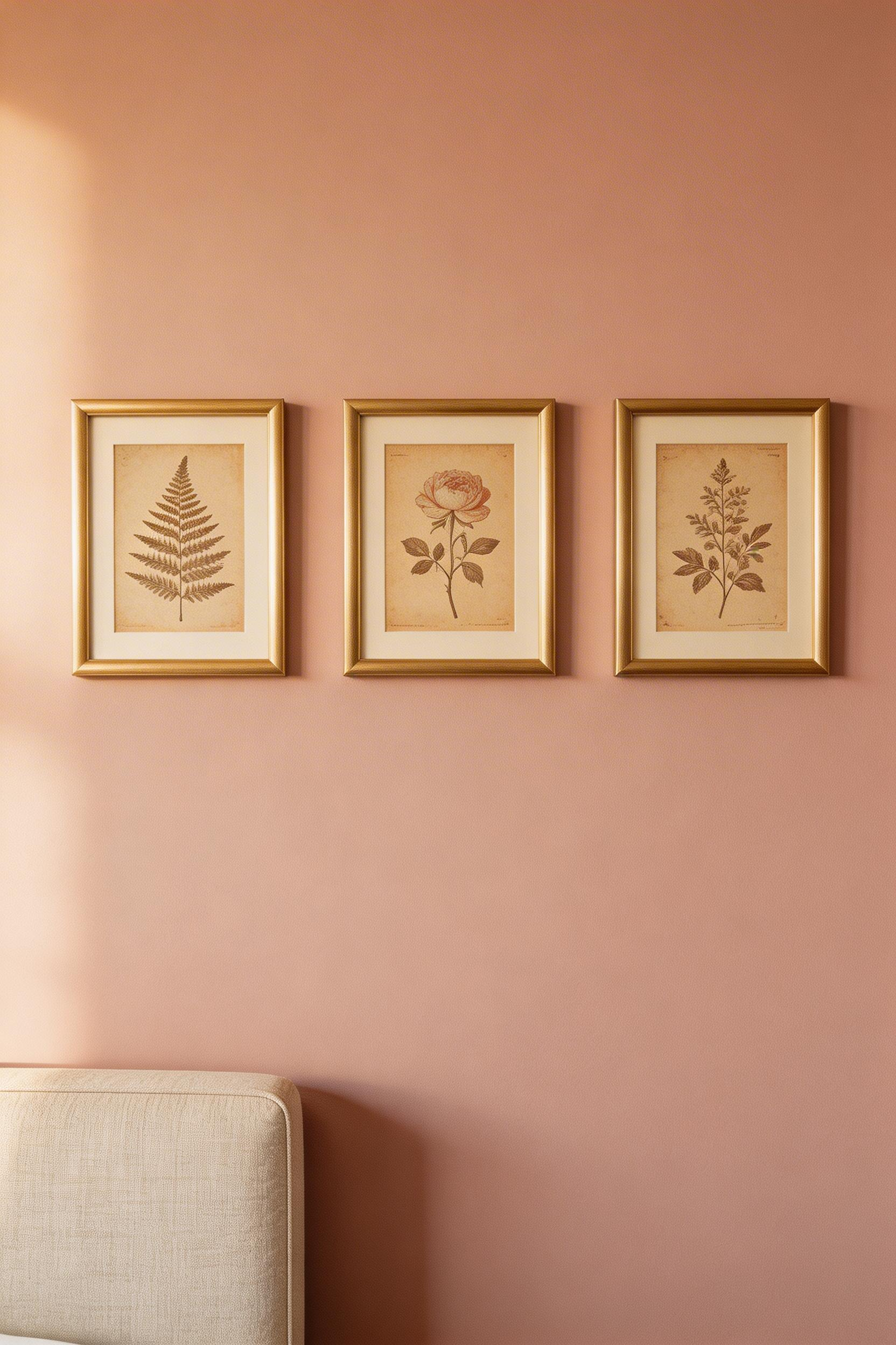 A small gallery of antique botanical prints in warm brass frames contributes elegance and personality to romantic bedroom decor — personal choice always outperforms purchased sentiment.