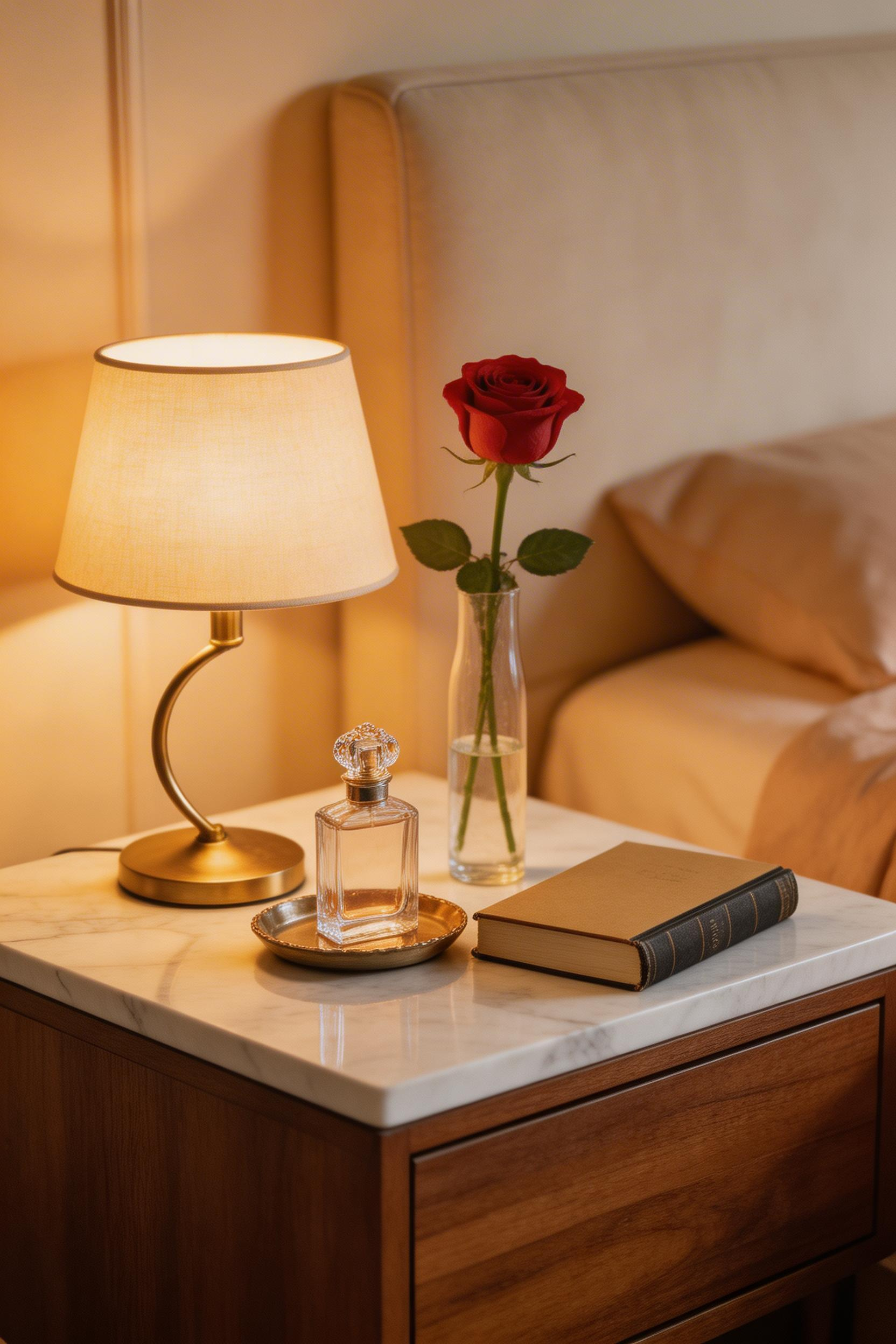 A curated nightstand vignette — lamp, tray, one personal object, a single stem — is one of the most detailed and impactful elements of romantic bedroom decor.