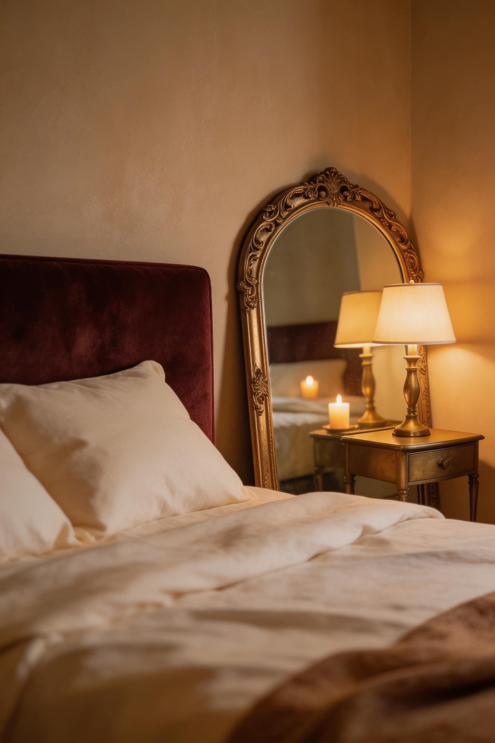 A warm-framed mirror beside the bed reflects candlelight and adds depth — mirrored and metallic accents are essential finishing details in an intimate bedroom.