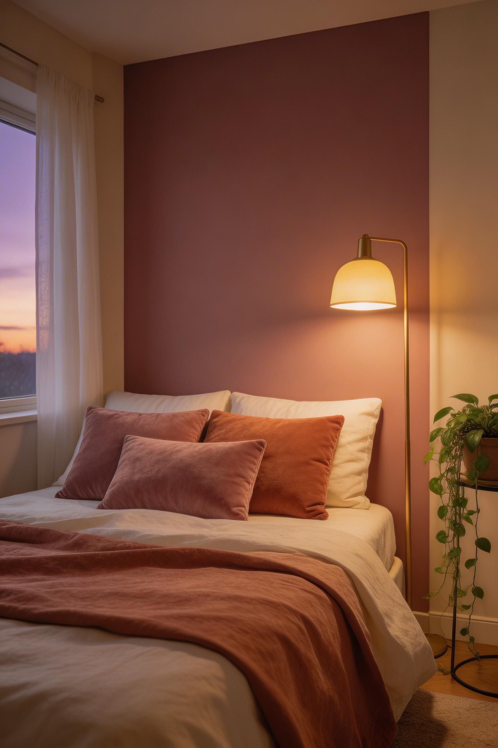 A deep, warm-toned accent wall transforms this bedroom into an intimate retreat — romantic bedroom decor built around colour, light, and texture.