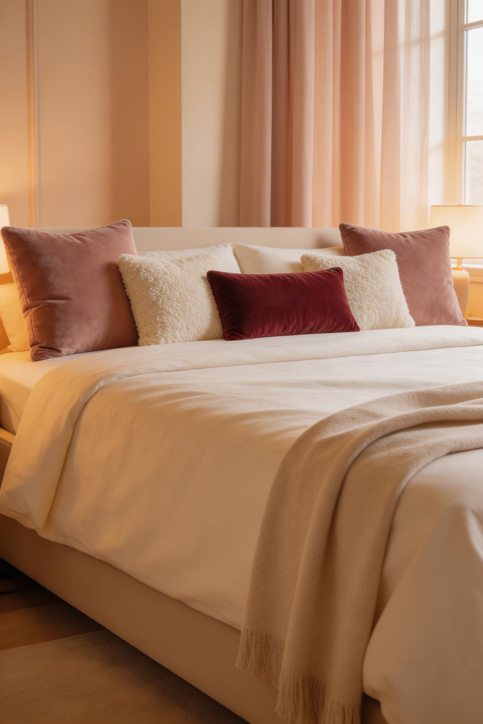 A considered cushion and throw arrangement — velvet, boucle, and cashmere in complementary tones — completes the layered texture of romantic bedroom decor without looking staged.