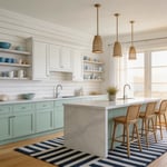 A complete coastal kitchen featuring the full palette of natural materials — shiplap, whitewashed wood, rattan, sea glass, and linen — in a light-filled, airy space.