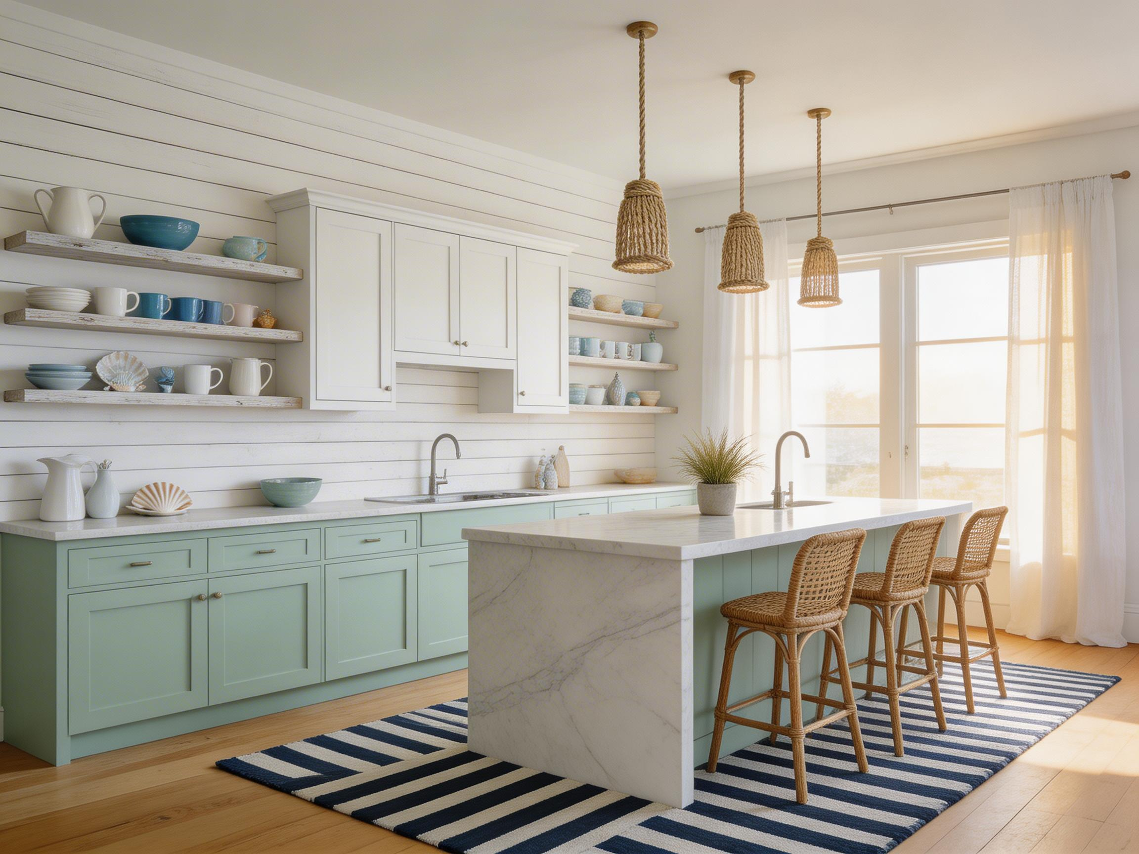 A complete coastal kitchen featuring the full palette of natural materials — shiplap, whitewashed wood, rattan, sea glass, and linen — in a light-filled, airy space.