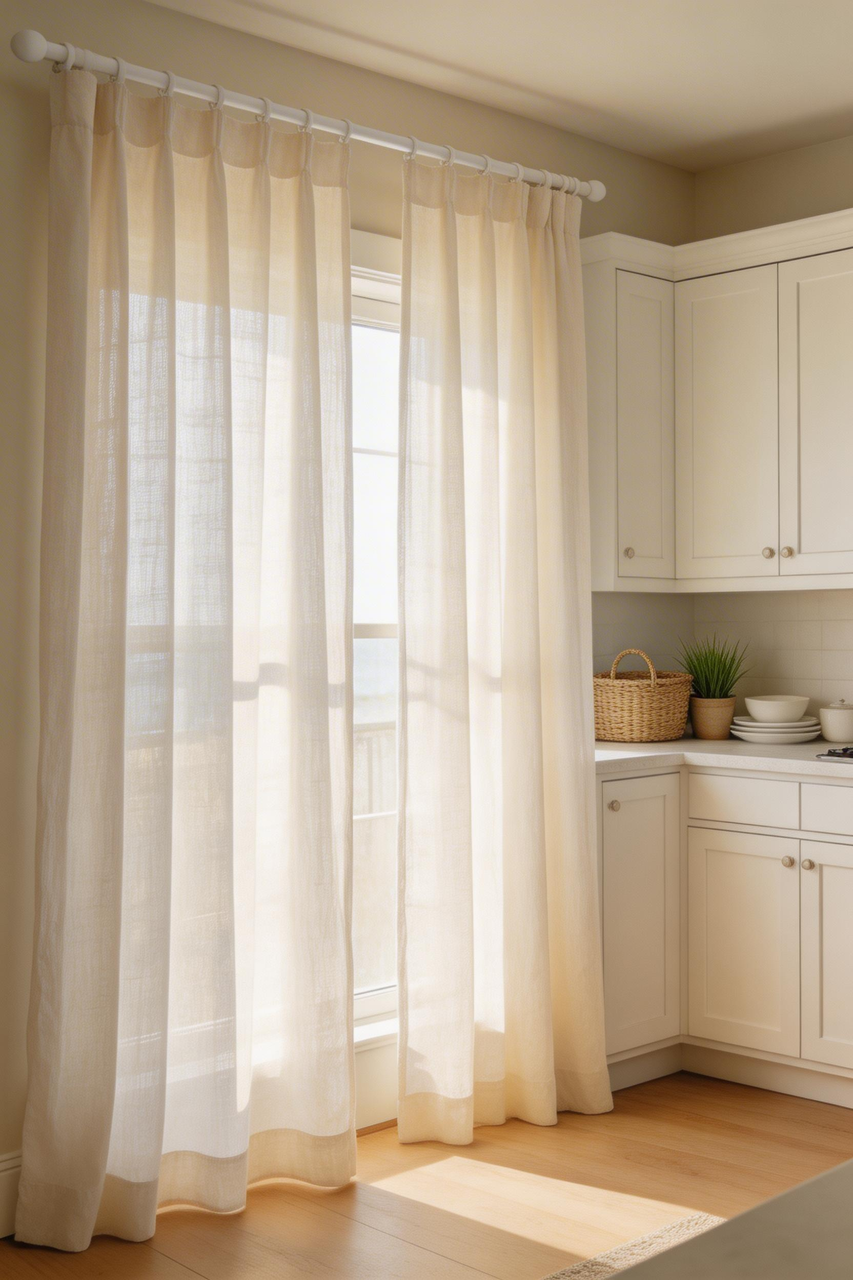 Semi-sheer linen panels hung from ceiling-height rods filter light into the room with a soft coastal glow rather than blocking it.