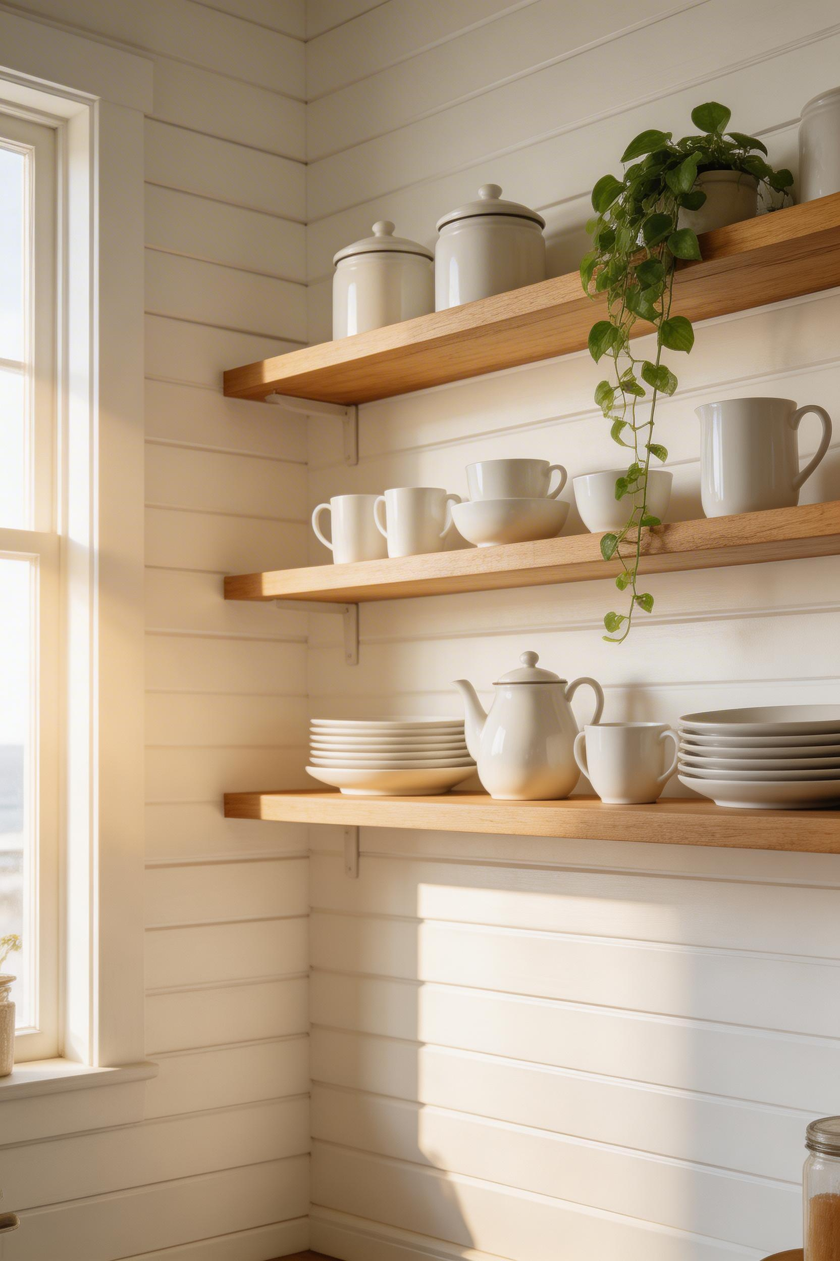 Horizontal white shiplap in a satin finish creates a crisp maritime backdrop for open coastal shelving loaded with everyday ceramics and trailing greenery.