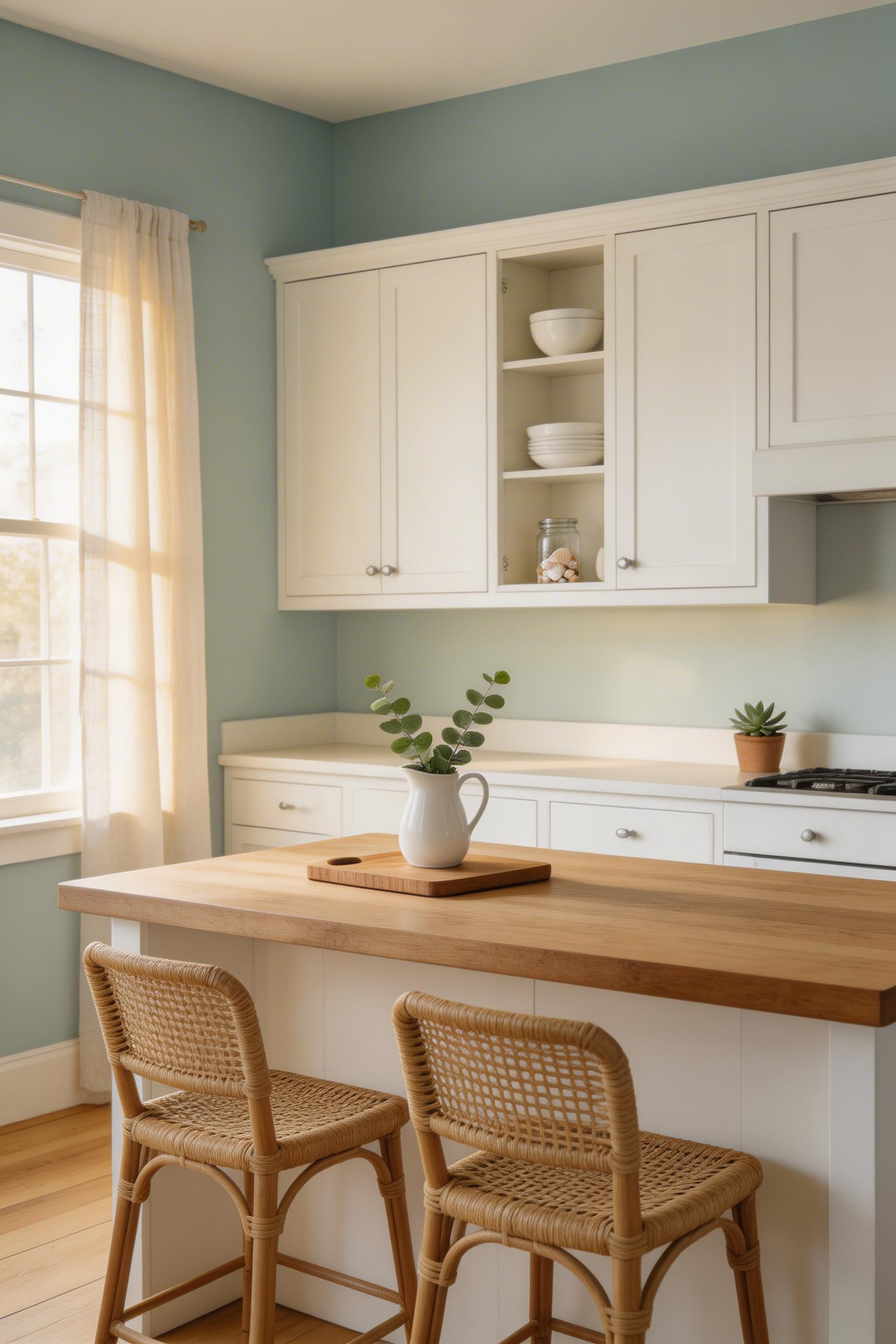 A cool seafoam-green wall paired with white upper cabinets and warm butcher block creates the quintessential coastal kitchen palette — bright without feeling cold.