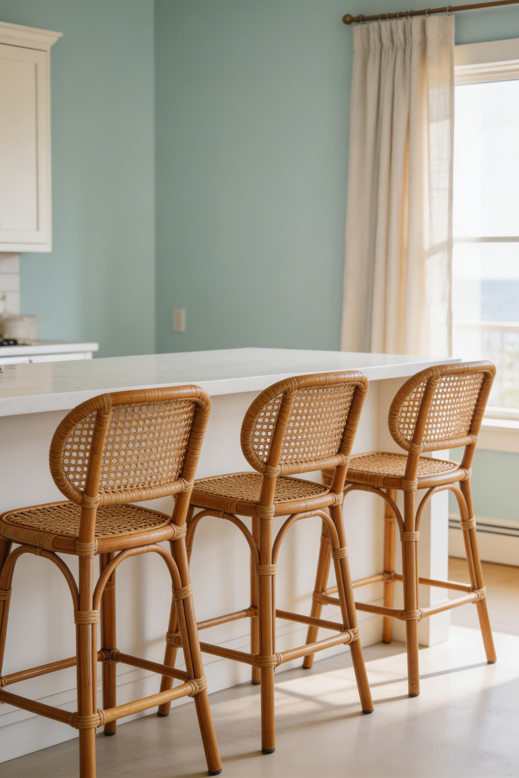 Natural rattan bar stools introduce organic warmth at the island — the honey-brown weave softens the hard edges of stone and painted wood.