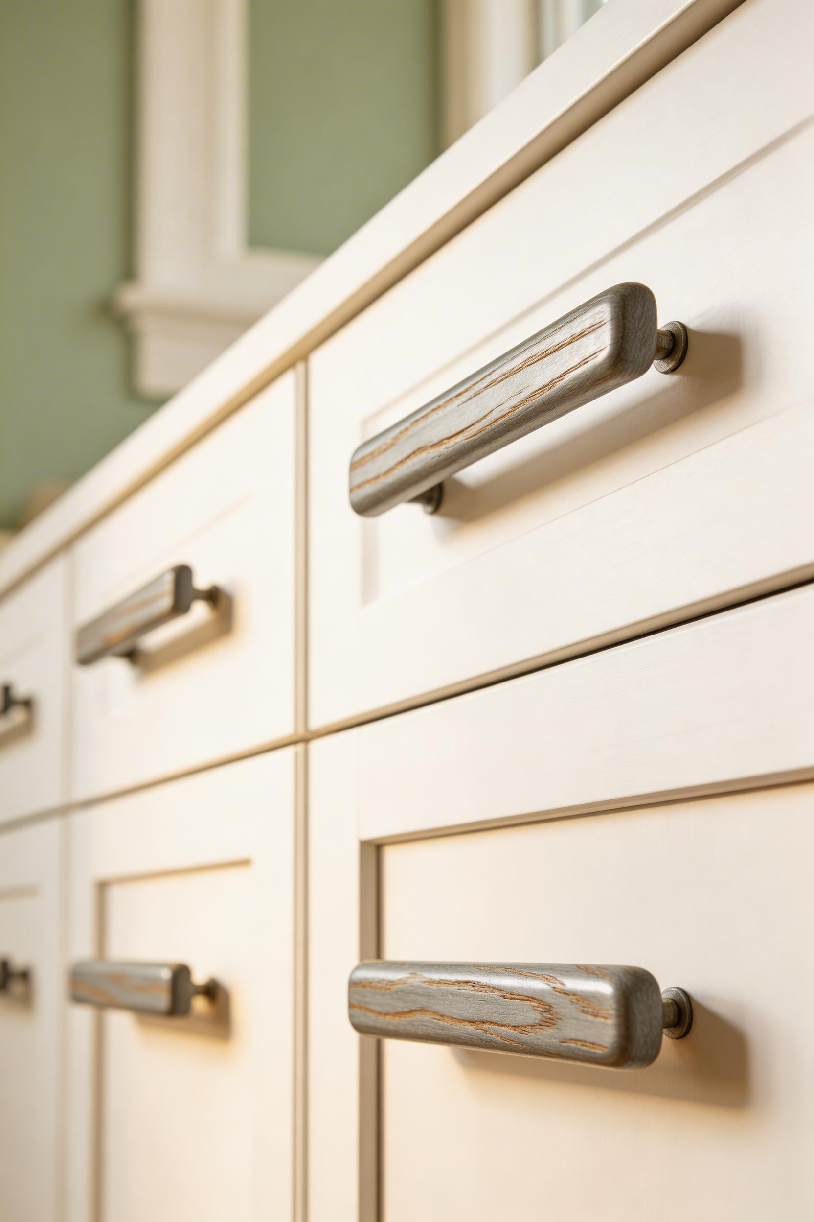Driftwood-finish maple pulls introduce natural material at the detail scale — the grain-visible finish is what separates the authentic from the imitation.