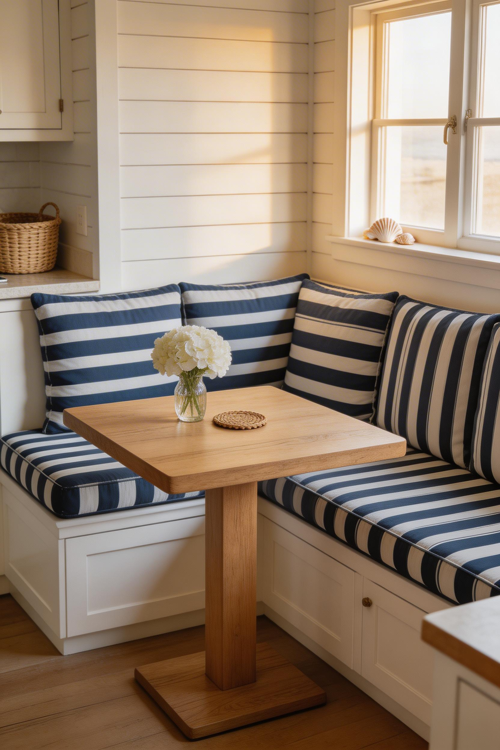 A built-in banquette with Sunbrella cushions in a nautical stripe turns a kitchen corner into the most-used seat in the house.