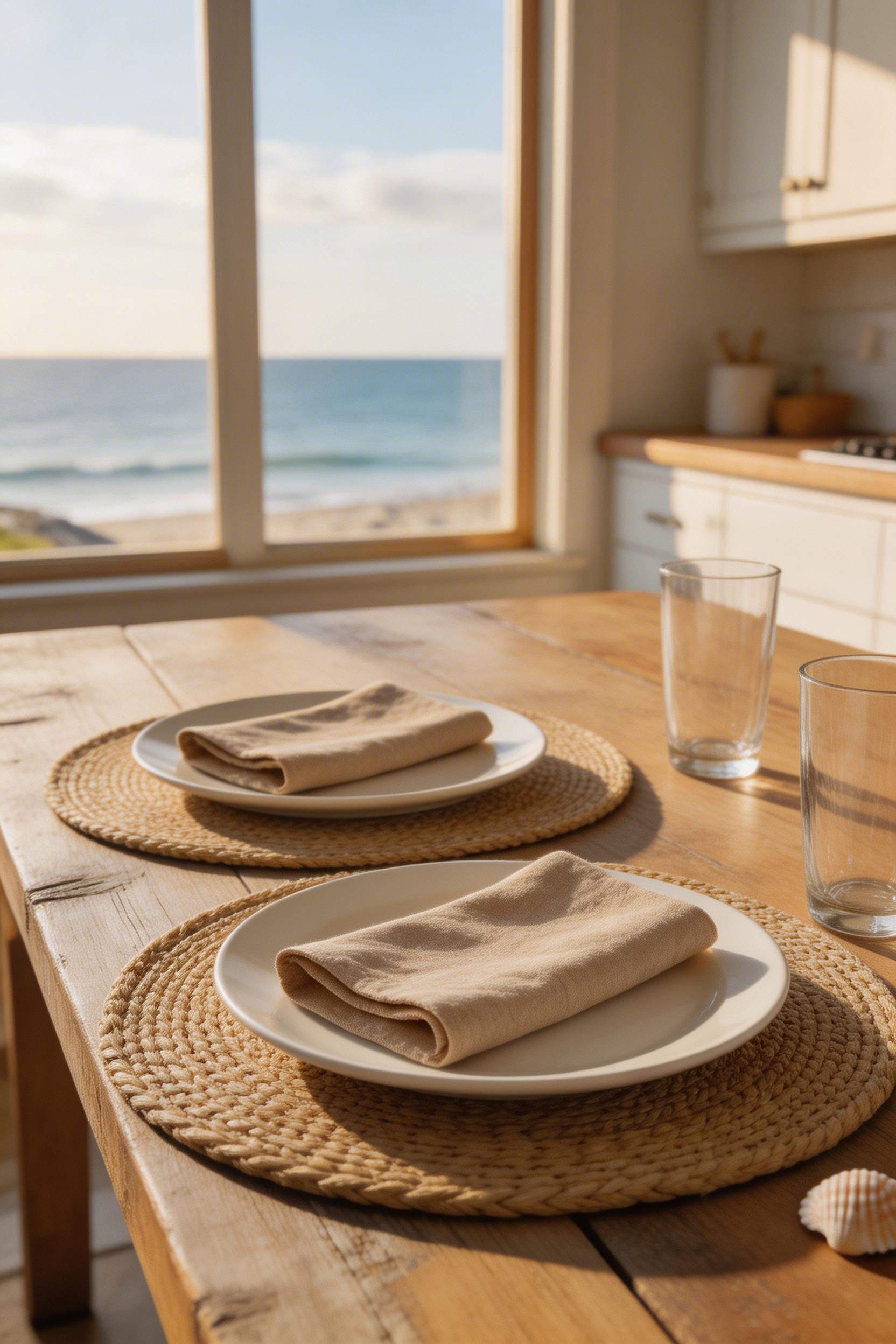 Seagrass placemats, white ceramics, and linen napkins layer coastal textures at the table without a single printed pattern in sight.